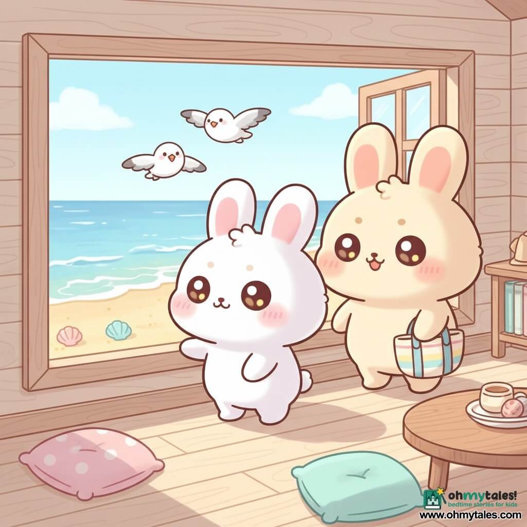 Pip is a small chibi white rabbit with soft fur, pink inner ears, big shiny round eyes and a curious expression, standing by a window with one paw on the sill, looking at the beach. His mother, a slightly larger chibi rabbit with cream fur and a warm smile, stands behind him holding a colorful beach bag, ready to go. Two small white-and-gray chibi seagulls flutter outside above the sea. Inside is a light wooden beach house with plank floors, pastel cushions and sunbeams making square patches on the floor. Outside is a golden sandy beach, gentle blue waves and a few shells. Main scene: a tender, calm summer morning, Pip excitedly watching the beach while his mother prepares a picnic, soft pastel colors, cute soothing style.