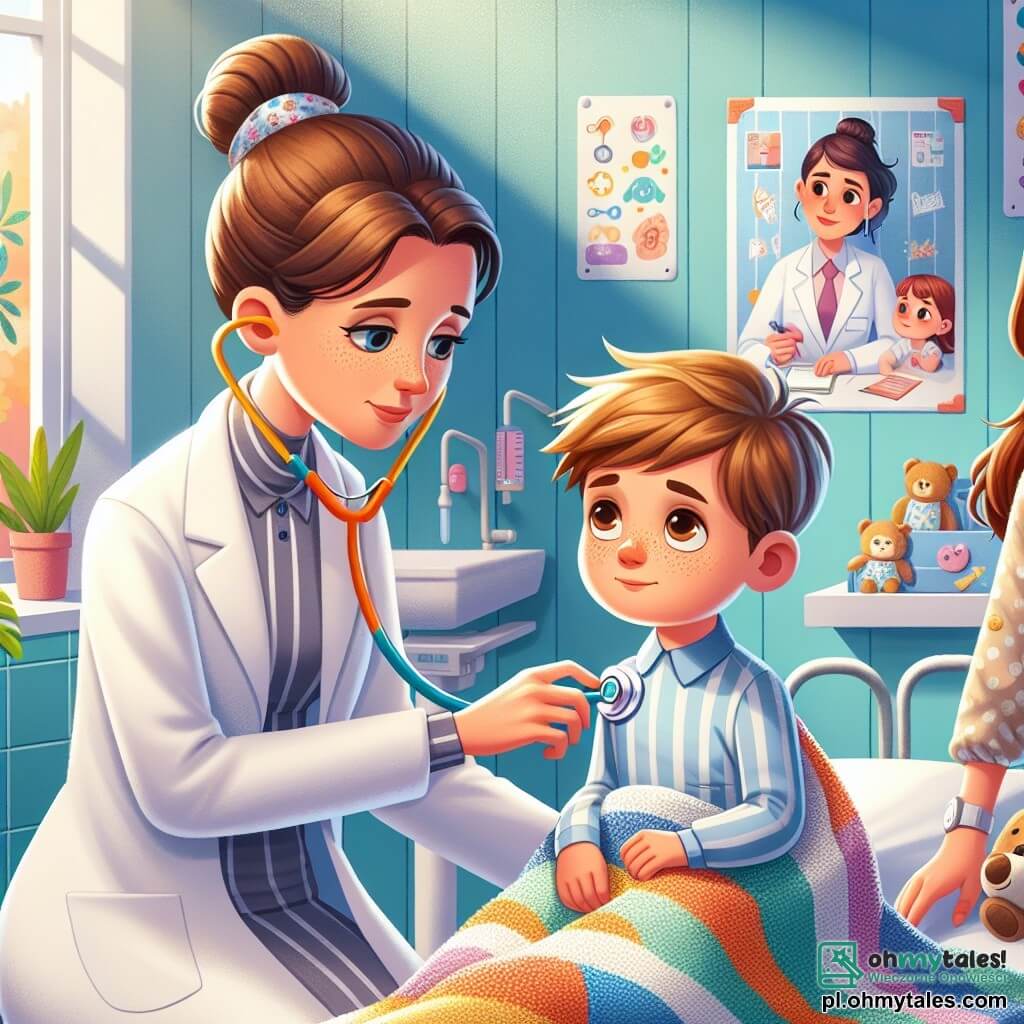 Pani Doktor Ania to kobieta w wieku około trzydziestu lat, z brązowymi włosami związanymi w kok, nosząca nieskazitelną białą bluzę i kolorowy stetoskop na szyi. Uśmiecha się ciepło i życzliwie, pochylona nad małym chłopcem, gotowa go zbadać, z wyrazem koncentracji i delikatności na twarzy. Mały chłopiec, Tomek, ma około 7 lat, z rozczochranymi blond włosami i rumianymi policzkami od gorączki. Leży na łóżku do badania, otoczony kolorowymi kocami, i patrzy na Panią Doktor Anię z mieszanką niepokoju i nadziei. Jego mama, kobieta w wieku około trzydziestu lat, stoi obok niego, z kasztanowymi włosami i zaniepokojonym spojrzeniem, trzymając rękę syna, aby go uspokoić. Scena rozgrywa się w jasnej i przyjaznej klinice, z niebieskimi pastelowymi ścianami, edukacyjnymi plakatami o zdrowiu na ścianach i kolorowymi zabawkami rozsypanymi po podłodze. Okno wpuszcza światło słoneczne, tworząc ciepłą i pocieszającą atmosferę. Główna sytuacja pokazuje Panią Doktor Anię badającą Tomka, który jest chory, podczas gdy jego mama wspiera go z czułością. Ania używa stetoskopu, aby posłuchać serca Tomka, opowiadając mu jednocześnie historię, aby go odwrócić uwagę i uspokoić.