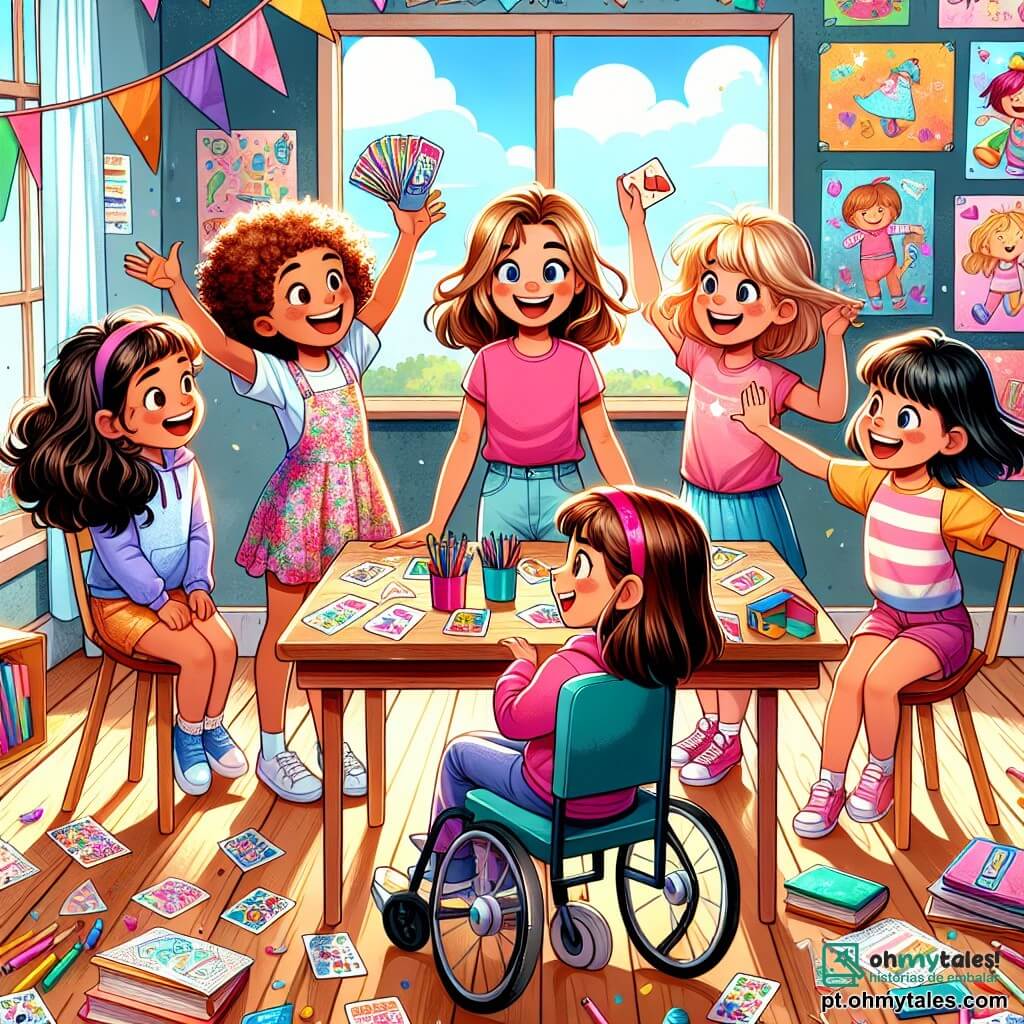Em uma sala de aula colorida, cinco meninas estão reunidas ao redor de uma grande mesa de madeira. Lila, de 10 anos, com cabelos cacheados e castanhos, usa uma camiseta rosa e jeans, sorrindo alegremente com um microfone. Mia, também de 10 anos, com cabelos longos e loiros, veste um vestido florido e dança entusiasticamente. Tia, de 10 anos, com cabelos curtos e castanhos, está em sua cadeira de rodas, vestindo um moletom azul e mostrando um baralho de cartas para fazer mágica. Ana, de 10 anos, com cabelos lisos e negros, está ao lado de Tia, aplaudindo com um grande sorriso, vestindo uma camiseta verde. Carla, a professora, é uma mulher na casa dos trinta anos, com cabelos castanhos e óculos, observando com um olhar gentil. A sala está decorada com pôsteres coloridos, mesas de madeira e janelas que deixam entrar a luz do sol. Materiais escolares estão espalhados pela mesa, criando um ambiente criativo. As meninas se preparam para uma apresentação de talentos, cantando e dançando, enquanto Tia exibe seus truques de mágica. A atmosfera é alegre e cheia de energia, com risadas e aplausos ao fundo.