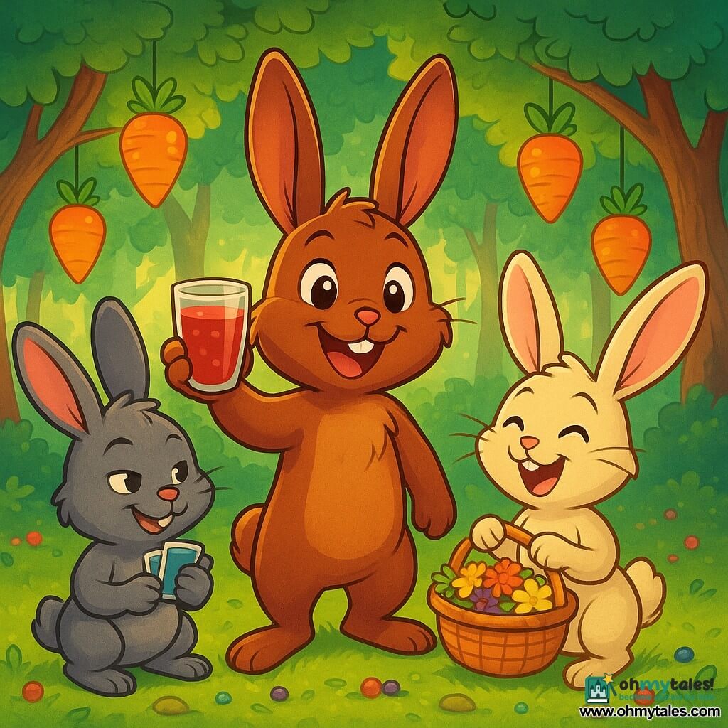 Basil, a small rabbit with shiny chestnut fur and sparkling eyes, stands in the center of an enchanted clearing, holding a glass of berry juice and smiling broadly. Next to him, Hazel, a cream-furred bunny with large ears, joyfully laughs while holding a basket filled with colorful dandelions, her eyes shining with excitement. Mossy, a gray rabbit with a mischievous look, stands slightly back, holding a stack of joke cards, ready to make everyone laugh with his cheeky grin. The clearing is surrounded by majestic trees with emerald green leaves, and paper lanterns shaped like radishes hang from the branches, casting a soft golden light over the scene. The ground is covered with green moss dotted with colorful berries and sparkling pebbles. The main scene shows Basil raising his glass for a toast, surrounded by his friends, all gathered to celebrate his birthday in a festive and warm atmosphere filled with laughter and joy.