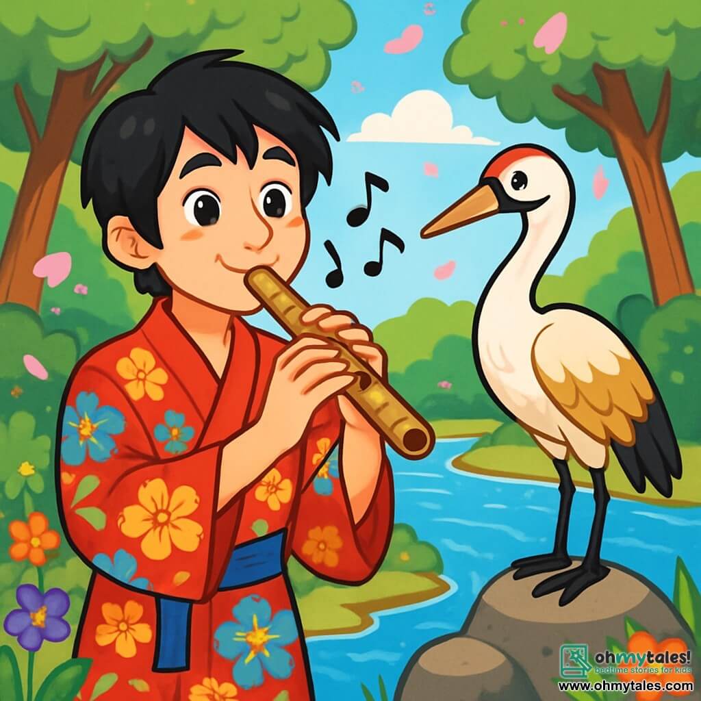 A young man named Hiro, about 18 years old, stands by a sparkling river, his face shining with curiosity and wonder. He has silky black hair, joyful sparkling eyes, and wears a traditional kimono with colorful floral patterns. Hiro plays his bamboo flute, creating a soft melody that dances in the air. Beside him, an elegant crane with white and golden feathers stands on a smooth stone, watching Hiro wisely. The crane appears serene, its eyes bright with intelligence, as if sharing an ancient secret. The setting is a lush forest with majestic trees and vibrant green leaves, while cherry blossom petals gently fall around them, adding a touch of magic to the environment. The crystal-clear river reflects the sunny sky, and the banks are lined with colorful wildflowers. The main scene shows Hiro captivated by the beauty of nature, playing his flute, while the crane encourages him to listen to the whispers of the forest, symbolizing the quest for wisdom and joy.