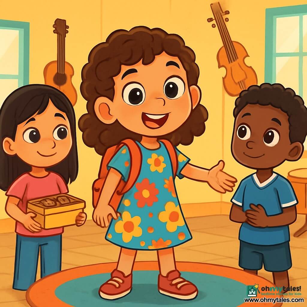 An 8-year-old girl, Maya, with curly brown hair and sparkling curious eyes, stands at the center of the scene. She wears a colorful dress with floral patterns and a small backpack. Her face expresses determination and joy as she reaches out to a group of children. To her left is Lina, an 8-year-old girl with straight black hair and caramel skin, shyly smiling while holding a box of cinnamon-flavored cookies. She wears a pink t-shirt and jeans. To her right is Jamal, a 9-year-old boy with curly hair and dark skin, looking at Maya with admiration, wearing a blue football jersey. The setting is the music room of a community center, with pastel yellow walls, musical instruments hanging on the walls, and beams of light filtering through large windows, illuminating the light wooden floor. The main situation shows Maya encouraging her friends to share and apologize after a misunderstanding. The children gather around a small carpet, ready to perform a play about friendship and understanding, with smiles and friendly gestures.