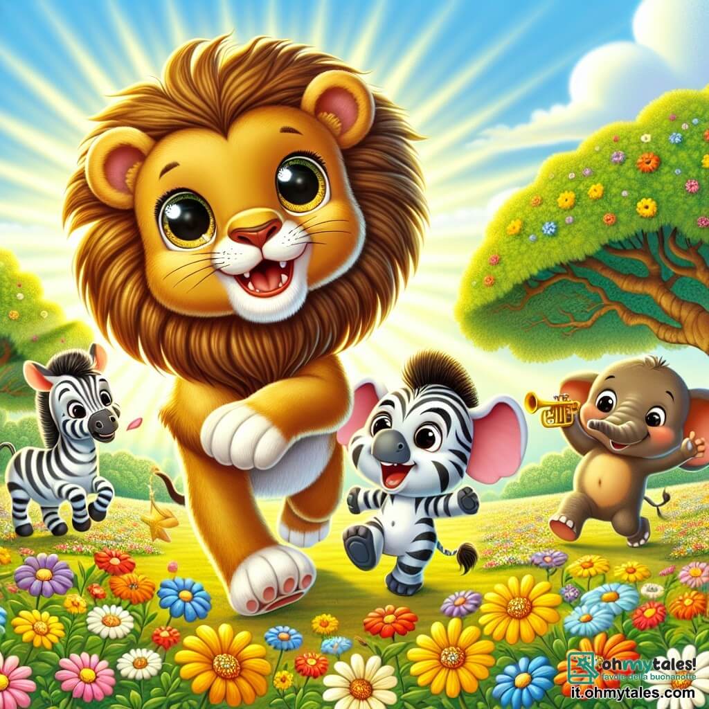 Un piccolo leone dagli occhi grandi e brillanti e dalla criniera dorata, radioso di gioia, corre a tutta velocità attraverso un campo di fiori colorati, con un grande sorriso sul volto. Accanto a lui, una piccola zebra dalle strisce nere e bianche, con uno sguardo birichino e un sorriso splendente, salta gioiosamente in aria, pronta a unirsi a lui nella corsa. Non lontano, un elefante dalle grandi orecchie e dalla pelle grigia, con un'espressione amichevole e divertita, suona la tromba con entusiasmo, mentre una piccola scimmia dai peli marroni, appesa a un ramo d'albero, ride e agita banane in aria. Il luogo è un vasto campo soleggiato, punteggiato di fiori brillanti di tutti i colori, con un grande albero ombreggiato sullo sfondo, dove i raggi del sole filtrano tra le foglie. La scena principale mostra il piccolo leone e i suoi amici in una festa di compleanno, che corrono e giocano insieme, circondati da risate e gioia, celebrando la loro amicizia in un ambiente incantevole.