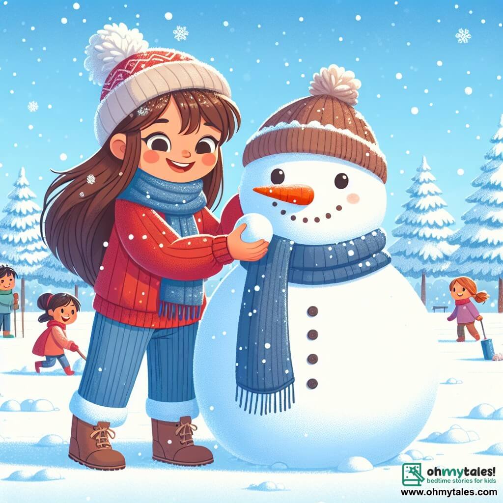 A 9-year-old girl, Lucy, with long brown hair and rosy cheeks, smiles joyfully as she builds a large snowman in a snowy park. She wears a bright red sweater, corduroy pants, and a blue scarf that flutters in the wind. Next to her, her father, a man in his thirties with a brown beard and a warm smile, rolls a large snowball for the base of the snowman. Her mother, a woman in her thirties with brown hair and a knitted hat, holds a carrot for the nose, ready to add it to the snowman. The park is filled with fresh snow, with trees covered in sparkling frost and snowflakes gently falling from the light blue sky. In the background, other children play, having snowball fights and sledding, creating a festive and joyful atmosphere. The scene captures the magical moment when the family comes together to create their snowman, symbolizing love and joy of winter.
