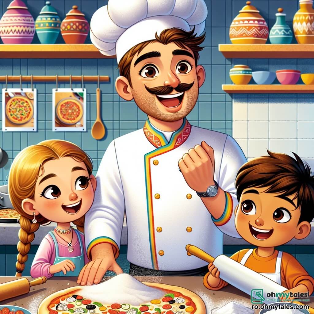 Chef Andrei, un bărbat de aproximativ patruzeci de ani cu părul brun și o mustață bine întreținută, poartă o vestă albă de bucătar și un șorț colorat. Zâmbește entuziast, cu ochii strălucind de bucurie, în timp ce le arată copiilor cum să pregătească o pizza delicioasă. Lângă el, o fetiță de 8 ani cu gene lungi și părul blond împletit observă cu atenție, ținând un sucitor în mâinile ei mici. Un băiat de 7 ani cu părul castaniu și obrașii rotunzi presară făină pe masă, râzând de fericire. Scena se desfășoară în bucătăria animată a restaurantului "Gusturi Minunate", unde vase colorate, ingrediente proaspete și ustensile strălucitoare sunt împrăștiate pe blaturile de lucru. Atmosfera este caldă și primitoare, umplută de mirosul delicios al aluatului de pizza care coace în cuptor. În această ilustrație, Chef Andrei îi învață pe copii arta gătitului, arătându-le cu pasiune cum să frământe aluatul și să aleagă ingredientele, în timp ce râsetele și vocile se împletesc, creând o atmosferă veselă și prietenoasă.
