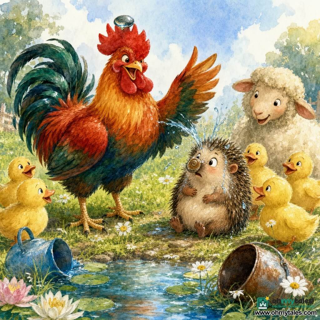 A glowing red rooster, joyful and exuberant with shiny red-orange-green feathers and a proud crest, balances a small shiny pebble on its head while raising a wing to display it; beside him sits Humphrey, a shy hedgehog with brown-and-cream quills and a slightly wet, amazed look, holding a snail shell on his nose after a splash; a few round yellow ducks and a woolly sheep form a semicircle behind them watching; the scene is at the edge of a small farm pond with blue-green sparkling reflections, lily pads, wet grass dotted with daisies, an overturned blue watering can and a rusty metal bucket in the grass, capturing a moment of joyful surprise with small splashes and visible watercolor textures.