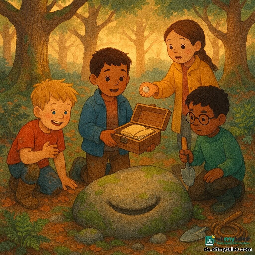 Vier Kinder: Jonas, etwa 11, kurze braune Haare, abgenutzte blaue Jacke und schlammige Stiefel, hält eine kleine Holzschatulle vor einem flachen Felsen; Ben, etwa 11, blond, rotes schmutziges T‑Shirt, hockt links, wischt sich lachend die Hände ab; Mika, etwa 11, schwarze Haare, runde Brille, grüner Pullover, rechts, mit einer kleinen Metallschaufel, konzentriert auf die Schatulle; Luisa, etwa 10, hellbraune geflochtene Haare, gelber Mantel, steht leicht zurück und hält eine glänzende Glasperle in der Hand; Schauplatz: kleiner Hain alter Eichen, feuchter Laub‑ und Moosteppich, Farn und flechtenbedeckte Steine, ein flacher Felsen mit kerbenartigem "Lächeln", sanftes Spätnachmittagslicht; Szene: die Kinder haben unter dem Felsen eine alte Schatulle entdeckt, die geöffnet ein vergilbtes Buch und Perlen zeigt, Hände greifen nach dem Schatz, kleine Werkzeuge (Schaufel, Seil) liegen daneben, stille, warme Abenteuerstimmung.
