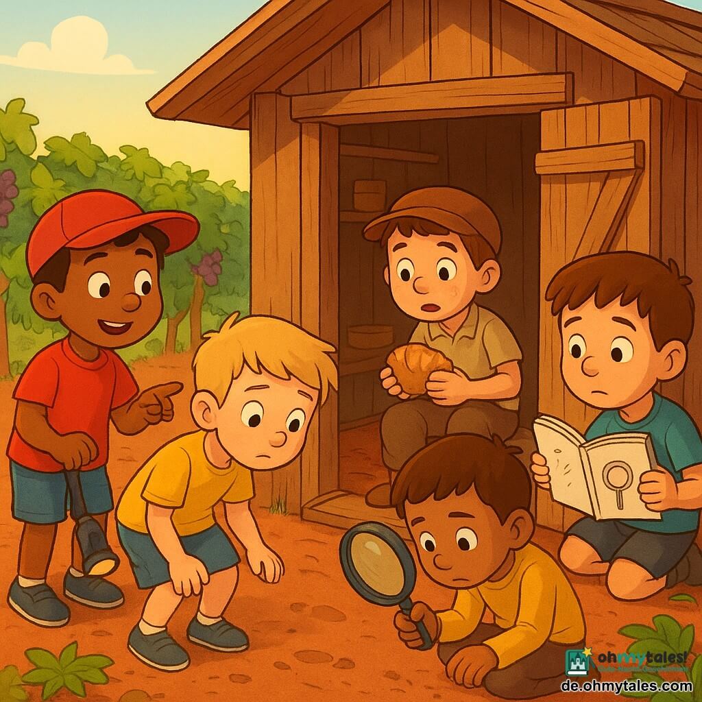 Sechs Kinder: Jonas (Junge, ~6) mit roter Kappe, lächelnd links vor der Hüttentür, zeigt neugierig auf das Brot; Emil (Junge, ~6) mit blonden Haaren und kleiner Lampe am Gürtel, neben Jonas, beugt sich und untersucht Krümel am Boden; Ben (Junge, ~6) mit braunen Haaren hält ein aufgeschlagenes Heft, rechts von Jonas, liest eine Skizze von Hinweisen; Luis (Junge, ~6) mit kastanienbraunen Haaren und großer runder Lupe hockt vorne in der Mitte und untersucht Fußspuren; der Junge, der das Brot genommen hat (Junge, ~6) mit etwas schmutzigem Gesicht sitzt in der Hütte am Holztisch, hält ein Brötchen, wirkt überrascht und beschämt; die kleine Schwester (Mädchen, ~3) im einfachen Kleid, mit Zöpfen, sitzt auf einer Decke neben dem Jungen, hält eine Puppe und schaut mit großen traurigen Augen. Ort: kleine hölzerne Gartenhütte mit halb geöffneter Tür, rustikale Bretter und Regal mit Töpfen, umgeben von Reihen grüner Weinreben mit glänzenden Blättern und violetten Trauben, roter Erd­boden mit einigen Blättern und Krümeln. Szene: Die vier kleinen Detektive entdecken den Jungen in der Hütte mit dem Brot; Gefühle von Überraschung, Mitgefühl und dem Entschluss zu helfen; warme Morgenbeleuchtung, lange Schatten, freundliche Atmosphäre, kräftige Kontraste und detaillierte Texturen von Holz, Stoff und Blättern.
