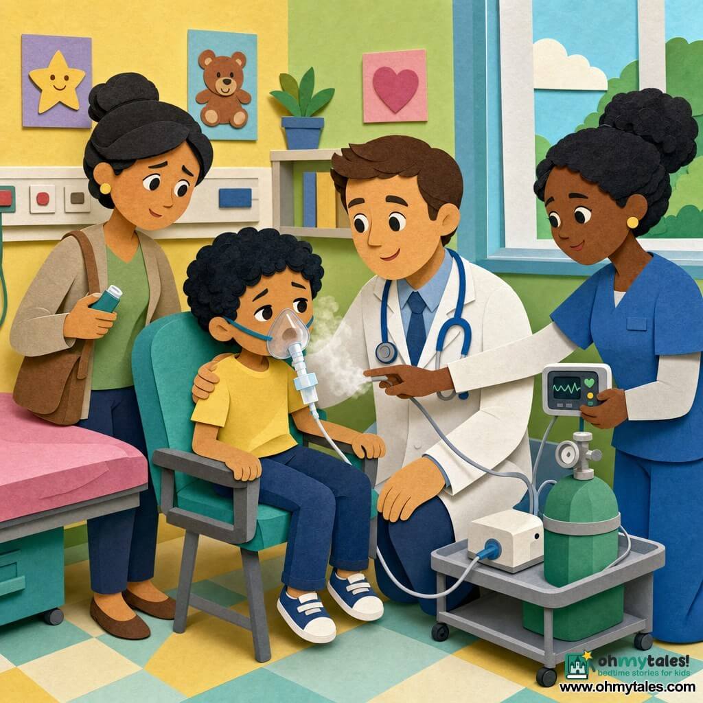 A smiling, calm male doctor with short brown hair, a clean white coat and blue stethoscope kneels with a gentle hand on the shoulder of a roughly 7-year-old boy with curly black hair and tired but relieved eyes, who sits on a hospital chair wearing a transparent nebulizer mask and gripping the seat fabric; a worried but relieved mother in her mid-30s with hair in a bun stands slightly behind to the left holding an inhaler, while a female nurse in blue scrubs in her 30s with a slight smile stands to the right adjusting the mask and holding a small patient monitor with lit numbers. The bright, warm emergency room has pastel yellow and green walls with childlike posters, a pink exam bed, a gray rolling cart with an oxygen bottle and nebulizer, and a soft checkerboard floor. The main scene shows the doctor helping the boy breathe as the nebulizer emits a gentle vapor, the mother watching and the nurse preparing equipment, bathed in soft window light with a calming, caring atmosphere.