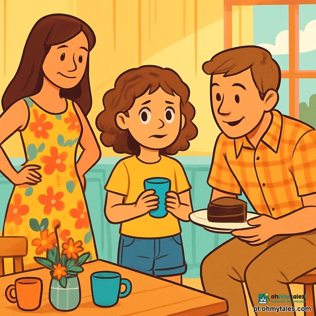 Uma menina de dez anos, com cabelos castanhos e cacheados, vestindo uma camiseta amarela e um short de jeans, está no centro da cena, com um sorriso tímido, mas determinado. Ela segura um copo de vidro azul nas mãos, olhando ao redor com olhos curiosos e um toque de preocupação. À sua direita, um homem de rosto suave, vestido com uma camisa xadrez e calças bege, se agacha para ficar à sua altura, com um olhar acolhedor e segurando um prato de bolo de chocolate. À sua esquerda, uma mulher com cabelos longos e lisos, vestida com um vestido florido, observa a cena com um sorriso terno, apoiando as mãos nos quadris. A cena ocorre em uma cozinha iluminada e acolhedora, com paredes pintadas de amarelo pastel e uma grande mesa de madeira decorada com flores frescas. A situação principal mostra a menina cercada por seus pais, compartilhando um momento de cumplicidade e carinho, ilustrando que, mesmo nas mudanças, a família permanece unida.