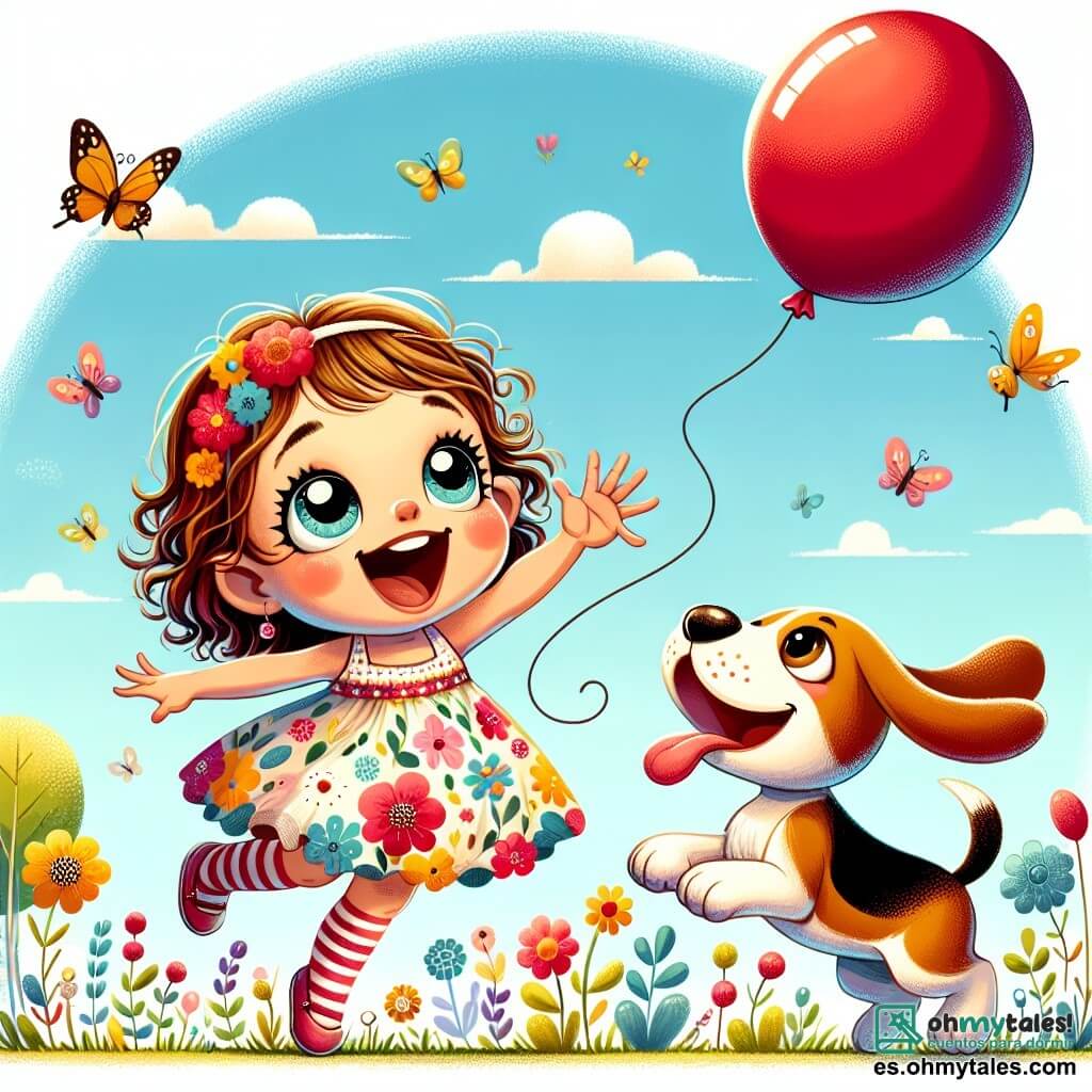 Una niña de 1 año, con grandes ojos brillantes y cabello rizado, sonríe alegremente levantando los brazos para atrapar un globo rojo que flota en el cielo azul. Lleva un vestido colorido con flores y calcetines a rayas, y su rostro expresa gran emoción. A su lado está Lucas, un perrito beagle con orejas largas y manchas marrones y blancas, que salta entusiasmado, moviendo su cola rápidamente, listo para ayudar a su mejor amiga a atrapar el globo. La escena tiene lugar en un jardín soleado, lleno de flores coloridas, árboles verdes y un cielo despejado, con mariposas volando alrededor, añadiendo un toque de magia al entorno. Sofía y Lucas saltan juntos, riendo e intentando atrapar el globo rojo que se eleva en el aire, simbolizando su alegre amistad y aventuras.