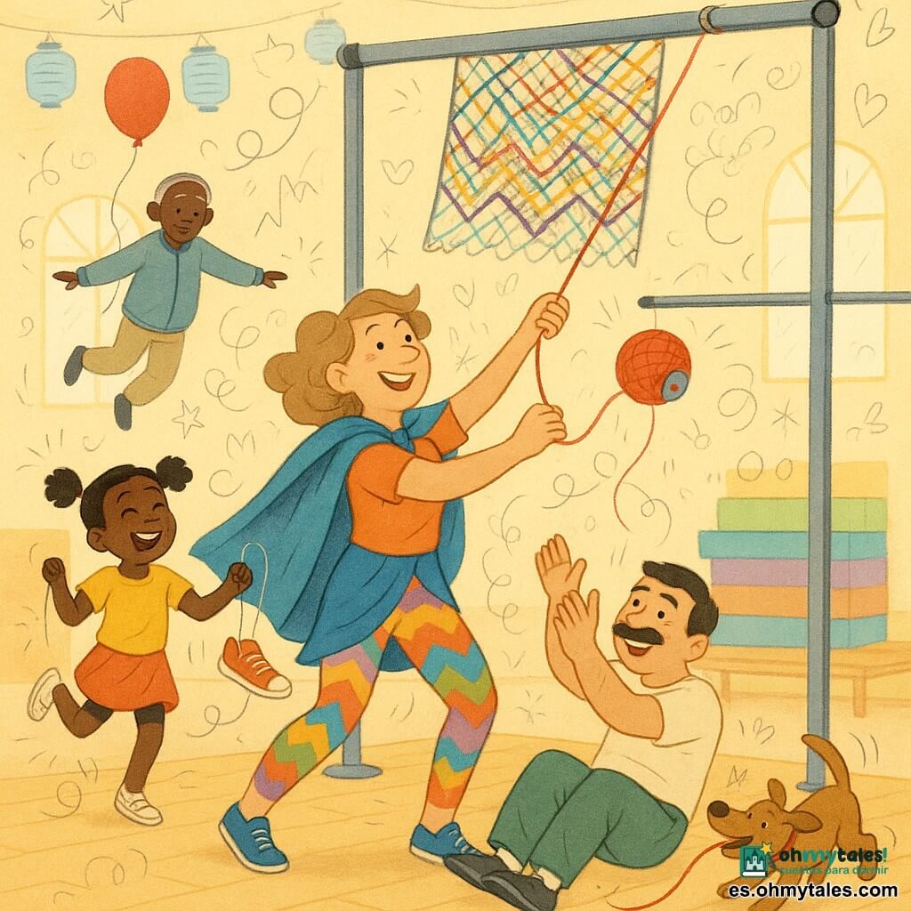 Una mujer heroína (la señora Brisa), divertida y sonriente, con una capa azul algo arrugada y ropa deportiva colorida, tira de un garfio hecho de una gran bola de hilo rojo y un botón brillante; sus ojos brillan y su rostro es confiado y travieso. A la izquierda, una niña de 8 años (Lila) con dos coletas sostiene una zapatilla volante atada a un hilo, ríe y salta mirando a la señora Brisa. Al fondo, un hombre de unos 70 años (señor del tai chi) de pelo gris y chaqueta suave flota ligeramente sujetado por un globo de helio, con los brazos extendidos para mantener el equilibrio. Un hombre de unos 40 años con un gran bigote hace abdominales en el suelo en la parte inferior derecha, aplaude y sonríe asombrado. En primer plano a la derecha, un perrito alegre muerde el extremo del hilo, con la cola alzada y las orejas erguidas. El gimnasio municipal es amplio y luminoso, con paredes en tonos pastel, farolas en forma de caramelos dibujadas al fondo, colchonetas apiladas y una gran barra metálica en el centro con telas multicolores colgadas. Escena principal: la señora Brisa tira del garfio rojo hacia la barra alta para descolgar un paño multicolor; hilos entrelazados forman una bonita tela en zigzag, ambiente festivo, colores cálidos, texturas de tela visibles y gestos alegres y dinámicos.