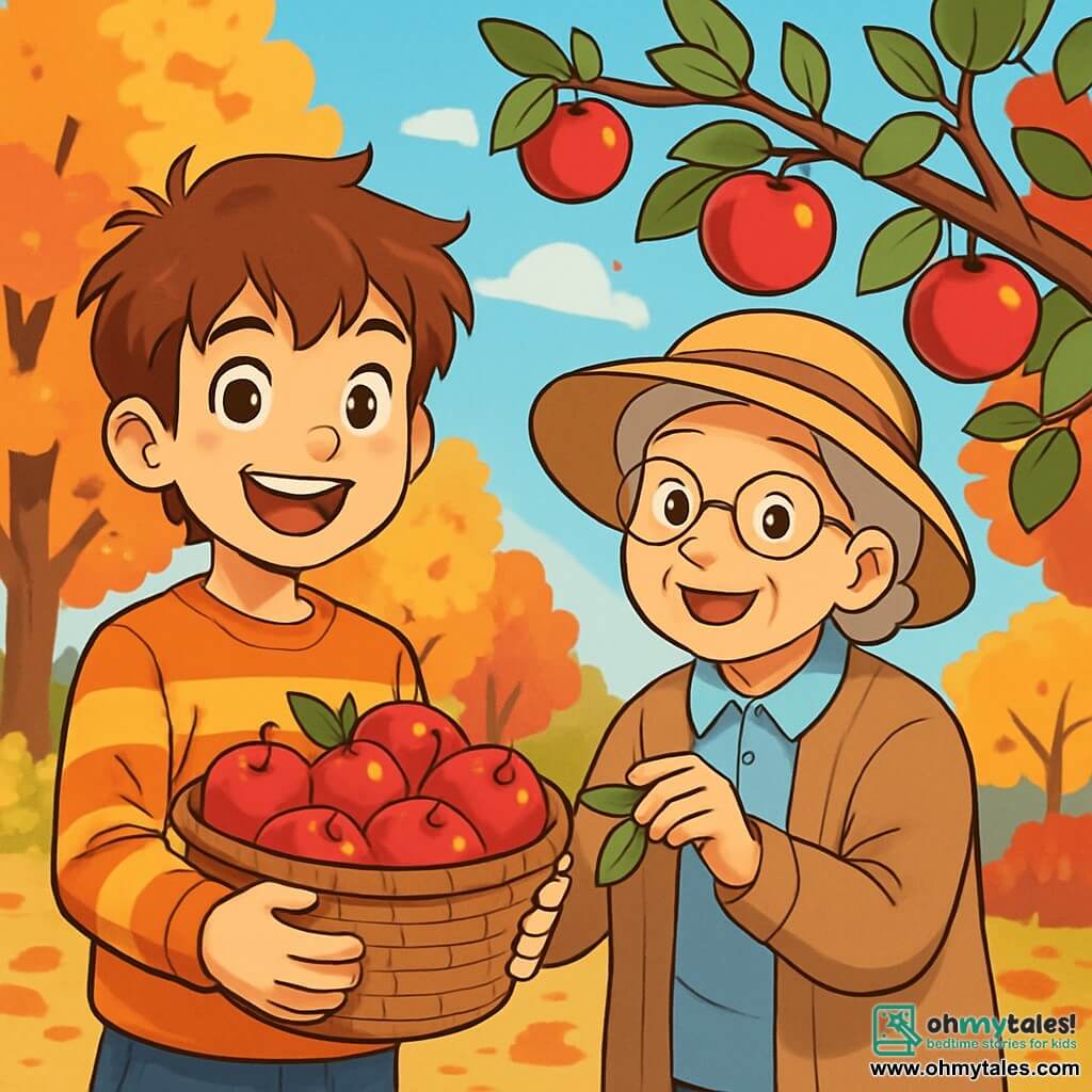 A 12-year-old boy, Eli, with messy brown hair and sparkling curious eyes, wears an orange striped sweater. He joyfully smiles while holding a wicker basket filled with shiny red apples, standing in a sunny garden. Next to him is his neighbor, Mrs. Duncan, an elderly woman with round glasses and a straw hat, smiling while holding a branch laden with apples. In the background, trees with golden and red leaves create a beautiful autumn scene. The sky is bright blue, and the ground is covered with crunchy leaves. Eli and Mrs. Duncan are picking apples together, enjoying the gentle warmth of the autumn sun.