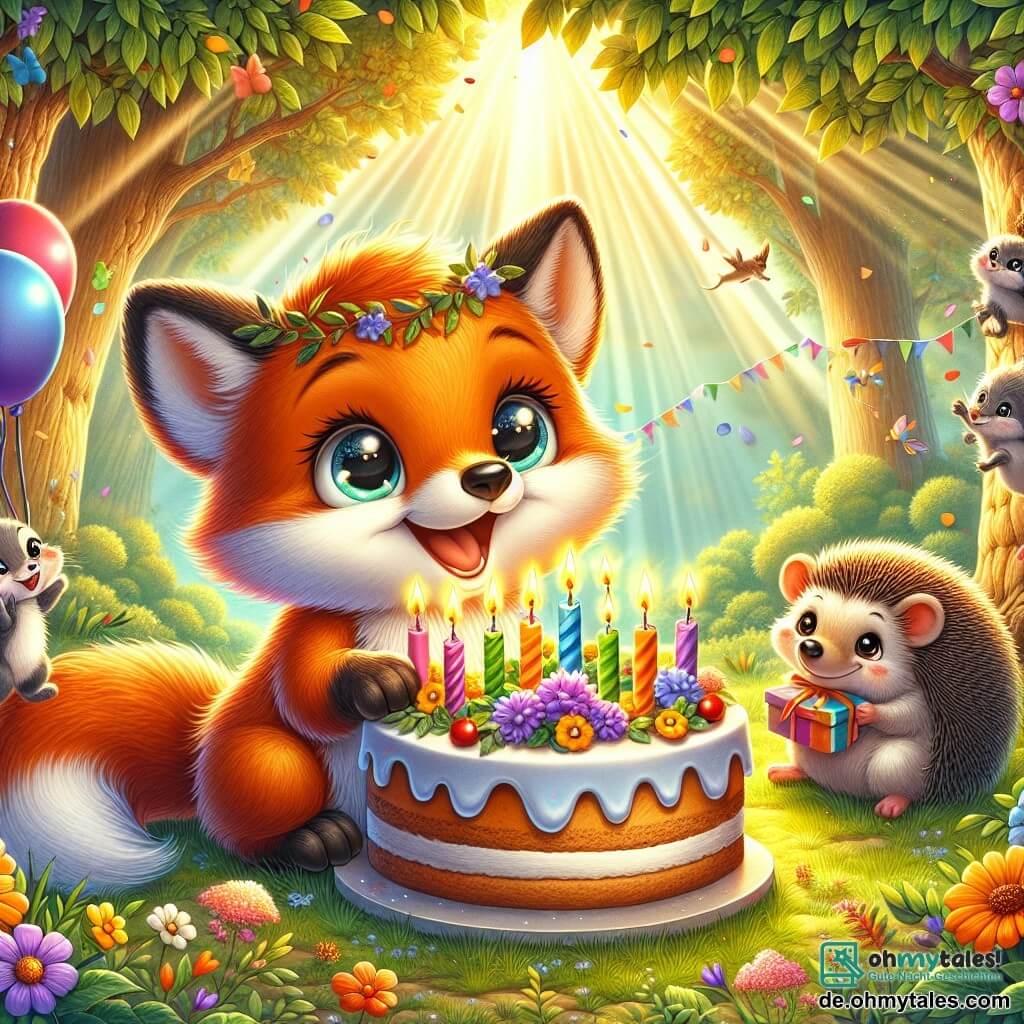 Ein kleiner orangefarbener Fuchs mit funkelnden Augen steht in der Mitte des Bildes und hält eine große Geburtstagstorte, die mit bunten Kerzen dekoriert ist. Sein strahlendes Lächeln zeigt seine Aufregung für diesen besonderen Tag. Neben ihm tanzt eine kleine graue Maus mit großen runden Ohren um die Torte, ihre kleinen Pfoten in die Luft erhoben, voller Energie und Freude. Ein Igel mit sanften, runden Stacheln steht etwas im Hintergrund, hält ein buntes Geschenk in seinen kleinen Pfoten und beobachtet die Szene mit einem warmen Lächeln. Die Szenerie spielt in einer sonnigen Lichtung im Herzen eines grünen Waldes, umgeben von majestätischen Bäumen mit leuchtend grünen Blättern und bunten Blumen, die im Wind tanzen. Sonnenstrahlen brechen durch das Laub und erhellen die Szene mit sanftem goldenem Licht. Die Hauptsituation zeigt den kleinen Fuchs, der seinen Geburtstag feiert, umgeben von seinen Freunden, die bereit sind zu singen und zu lachen, und eine festliche, fröhliche Atmosphäre voller Kameradschaft und Liebe schaffen.