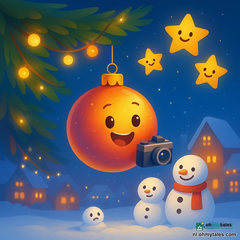 Een vrolijk en kleurrijk hoofdpersonage, Karel, een glinsterende kerstbal met een stralende glimlach, hangt aan een tak van een grote versierde kerstboom. Hij houdt een kleine oude camera vast en kijkt vol verwondering. Naast hem dansen fonkelende lichtslingers rond de takken en verlichten de scène met een warme gloed. Gouden sterren met glimlachende gezichten zweven erboven en kijken welwillend toe. Beneden, op de besneeuwde grond, is een kleine smeltende sneeuwpop met een expressief opgelucht gezicht herenigd met een grote glimlachende sneeuwpop, wat een familie van sneeuwpoppen compleet maakt. De scène speelt zich af op een pittoresk dorpsplein, bedekt met een zachte laag verse sneeuw, met op de achtergrond huizen versierd met fonkelende kerstverlichting. De hoofdsituatie toont het vreugdevolle moment waarop Karel en zijn vrienden de hereniging van de sneeuwpopfamilie vieren en deze kostbare herinnering vastleggen met de camera.