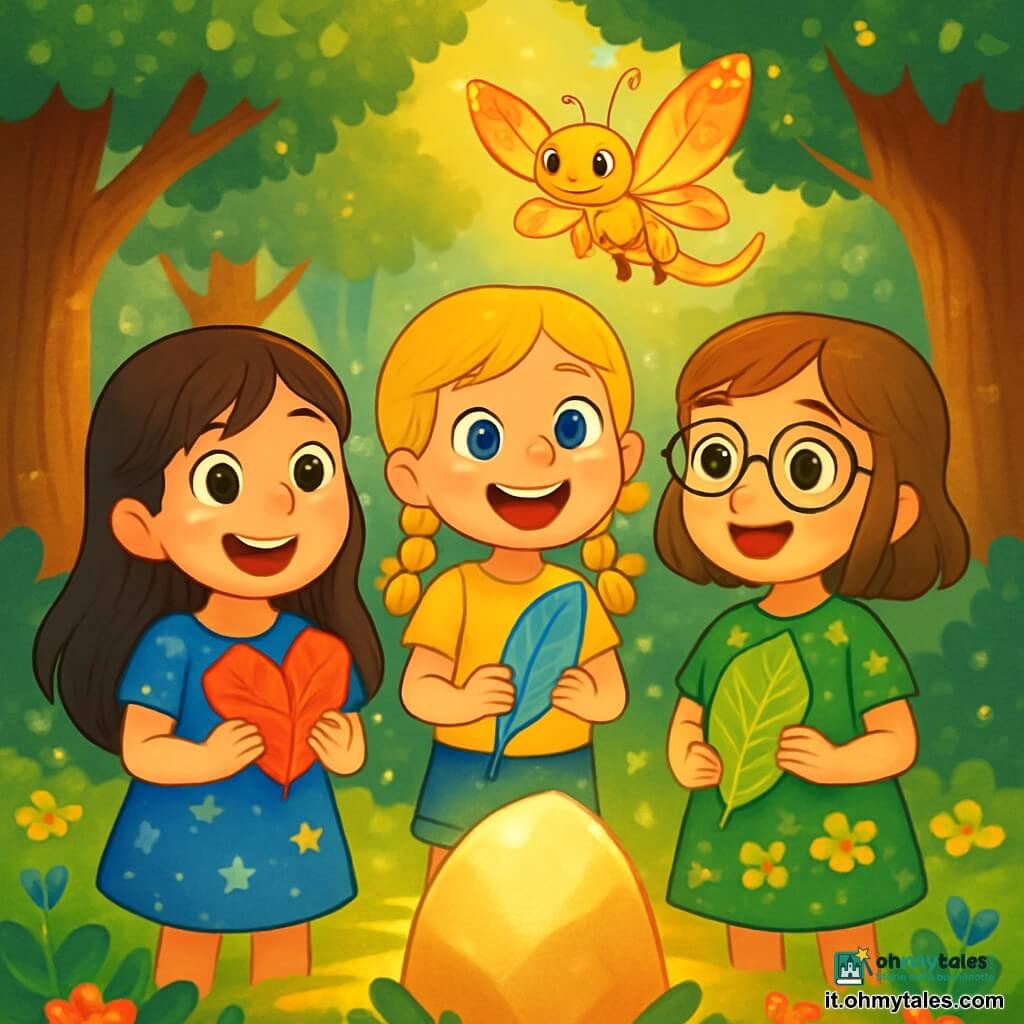 Ci sono 3 personaggi: - Luna: una ragazza di 8 anni con lunghi capelli castani e occhi scintillanti. Indossa un vestito blu con motivi di stelle e tiene una foglia rossa a forma di cuore. - Gaia: una ragazza di 8 anni con capelli biondi intrecciati e un sorriso splendente. È vestita con una maglietta gialla e pantaloni corti di jeans, e tiene una foglia blu. - Iris: una ragazza di 8 anni con capelli castani e occhiali rotondi. Indossa un vestito verde con fiori e tiene una foglia verde con venature dorate. Le tre amiche sono insieme al centro di un campo incantato, circondate da alberi maestosi con tronchi spessi e foglie scintillanti. I raggi di sole filtrano attraverso il fogliame, creando motivi luminosi sul terreno coperto di fiori colorati. Le ragazze scoprono una grande pietra brillante al centro del campo, che emette una luce dolce e calda. Sono meravigliate, con gli occhi spalancati, pronte a esprimere un desiderio insieme, mentre una lucertola luminosa con ali di farfalla fluttua sopra di loro, incoraggiandole con un sorriso amichevole.