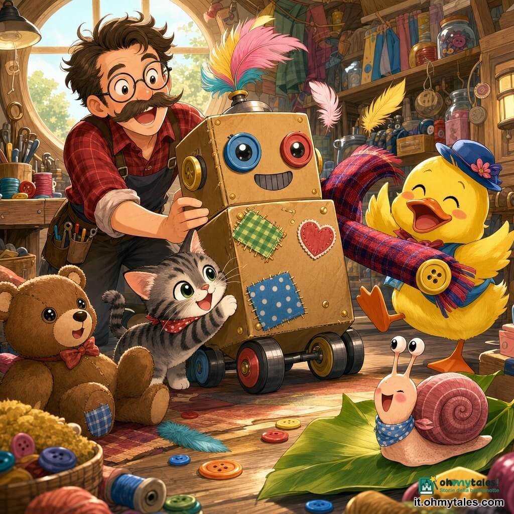 Ugo, inventore uomo gioioso e meravigliato, baffi, camicia a quadri rossa e occhiali tondi, spinge delicatamente una grande scatola-robot artigianale con una lunga sciarpa-braccio; Tina, anatra femmina gialla con piccolo cappellino blu, ride e si tiene alla destra di Ugo; Mino, gattino maschio tigrato dagli occhi rotondi, si strofina contro la scatola in basso a sinistra; Lalla, lumaca femmina rosa pallido, lenta e sorridente, scivola su una foglia in primo piano; un orsetto di peluche marrone sul tappeto vicino a Ugo guarda la macchina; ambiente: laboratorio luminoso e disordinato con tavolo di legno, attrezzi e finestra rotonda che filtra luce calda; situazione: la scatola-robot rotola e allunga la sciarpa-braccio per un abbraccio buffo, una piuma sopra solletica i personaggi, tutti ridono insieme, colori vivaci e stile manga carino con contorni netti e trame di tessuto visibili.