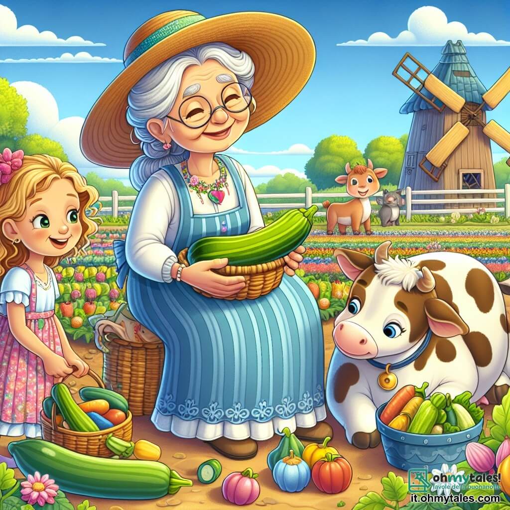 Nonna Maria, una donna anziana con i capelli grigi raccolti, indossa un grande cappello di paglia colorato e una lunga gonna blu. Sorride gentilmente, tenendo in mano una bella zucchina fresca, circondata dai suoi animali da fattoria. Accanto a lei, Sara, una bambina dai capelli biondi e ricci, brilla di gioia con un piccolo cesto pieno di ortaggi. Marco, un ragazzo dai capelli castani, osserva con curiosità una mucca, mentre impara a nutrirla. La scena si svolge in una fattoria soleggiata, con campi di ortaggi colorati, alberi da frutto in fiore e un cielo blu punteggiato di nuvole bianche. Sullo sfondo, si intravede il vecchio mulino a vento che gira dolcemente nel vento. Nonna Maria insegna ai bambini come raccogliere gli ortaggi e prendersi cura degli animali, creando un'atmosfera gioiosa ed educativa, piena di risate e scoperte.