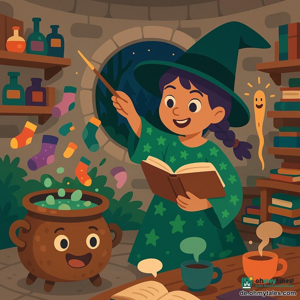 Eine junge Hexe namens Lila mit violetten Zöpfen und einem grünen Kleid mit Sternmotiven lächelt verschmitzt, hält ein großes offenes Buch und schwingt ihren Zauberstab; links vorne ein alter bronzener Kessel mit gezeichneten fröhlichen Augen, aus dem bunte Socken schweben, rechts auf Schulterhöhe eine sprechende, helle Holzstab mit kleinem Gesicht, die gelbe Funken sprüht; Schauplatz: ein gemütliches Observatorium in einer Lichtung mit runden Steinwänden, Holzregalen voller bunter Fläschchen und Bücherstapeln sowie einem runden Fenster zu einem dunklen Wald mit Glühwürmchen; Stimmung fröhlich und leicht chaotisch, fliegende Socken, offene Bücher mit stummen Sprechblasen und dampfende Teetassen auf einem Holztisch; Farbpalette kräftig kontrastreich (Smaragdgrün, sanftes Violett, warmes Gold, Akzente in Rot und Blau), flacher Grafikstil, klare Formen, minimale Schatten, saubere Konturen und überzeichnete Mimik.