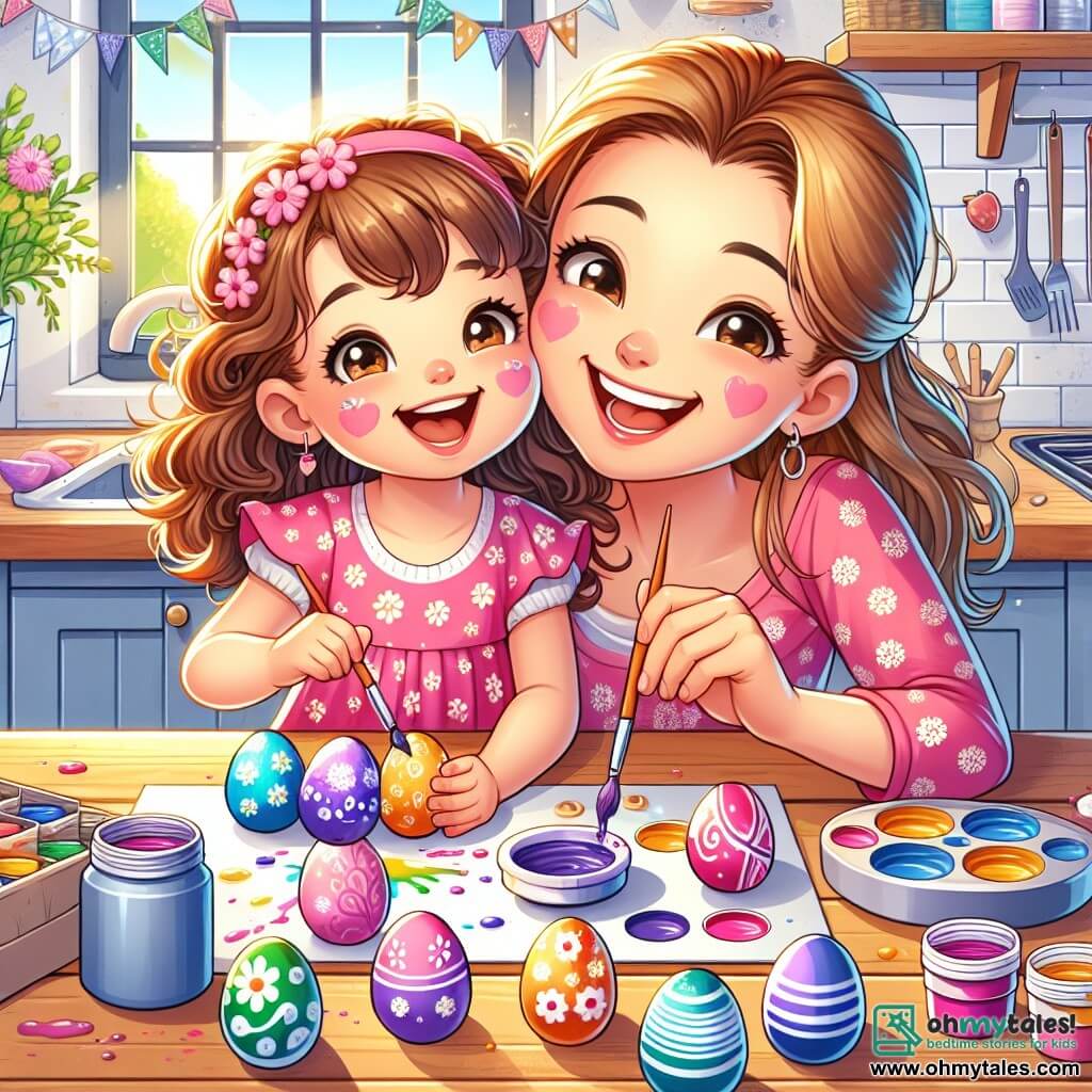 A 4-year-old girl named Lily, with curly brown hair and sparkling eyes, is painting colorful Easter eggs on a large wooden table. She is wearing a pink floral dress and has paint on her cheeks, showing her enthusiasm. Next to her, her mother, a smiling woman around 30 with long blonde hair, encourages her while holding a brush and laughing, adding patterns to a purple egg. Their kitchen is bright and welcoming, with open windows letting in sunlight, Easter decorations hanging on the walls, and paint pots scattered on the table. The scene depicts Lily and her mother creating colorful Easter eggs, filled with laughter and creativity, in a joyful and festive atmosphere.