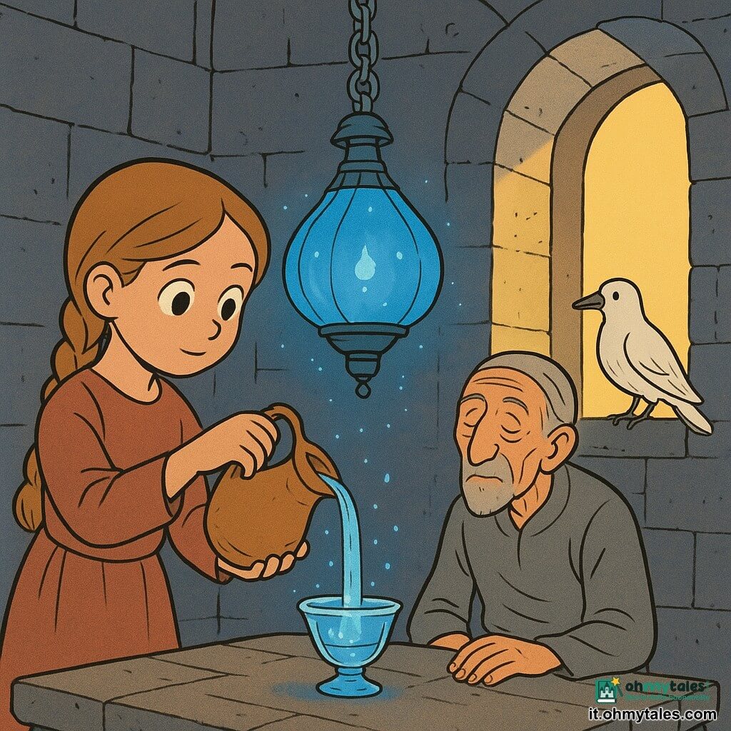 Ragazza protagonista: giovane coraggiosa e dolce, volto tondo, capelli castano chiaro in treccia, occhi grandi e sereni; versa lentamente acqua limpida da un otre di cuoio in una piccola coppa di cristallo accanto a una lampada di vetro blu. Uomo secondario: sentinella anziana di circa 70 anni, pelle rugosa, mani lunghe, abito grigio semplice, seduta vicino alla finestra tonda a destra della ragazza, guarda la lampada con gratitudine. Uccello secondario: corvo bianco appollaiato sul davanzale dietro la ragazza, piumaggio immacolato, testa rivolta verso di lei. Luogo: cima di una torre di pietra antica, stanza rotonda con muri grigi, grande finestra ad arco che lascia entrare un raggio dorato, pavimento di lastre consumate, corda e catena argentata tengono sospesa una grande lampada di vetro blu. Situazione principale: la ragazza versa l’acqua alla base della lampada blu, la luce vacilla poi si rafforza e piccole particelle luminose fluttuano nell’aria; atmosfera di calma eroica, colori caldi e blu a contrasto, tratto chiaro e forme semplici, stile adatto a bambini di 6 anni.