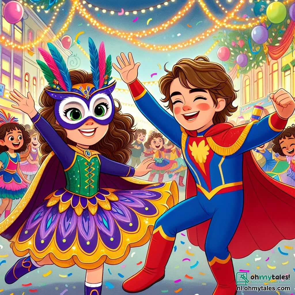 Een 10-jarig meisje, Lotte, met bruin, krullend haar, draagt een kleurrijk kostuum en een uilenmasker, straalt van vreugde en opwinding terwijl ze elegant danst op een carnavalsfeest. Naast haar staat haar beste vriend Sam, een 10-jarige jongen in een rood-blauw superheldenkostuum, die breed glimlacht en haar aanmoedigt om te dansen met zijn armen in de lucht. Op de achtergrond is een levendige straat in Zonnedorp versierd met kleurrijke slingers, zwevende ballonnen en fonkelende lichten, terwijl kinderen om hen heen lachen en spelen. De scène toont Lotte en Sam in het middelpunt van de belangstelling, omringd door muziek en gelach, en vangt de vrolijke en feestelijke geest van het carnaval.