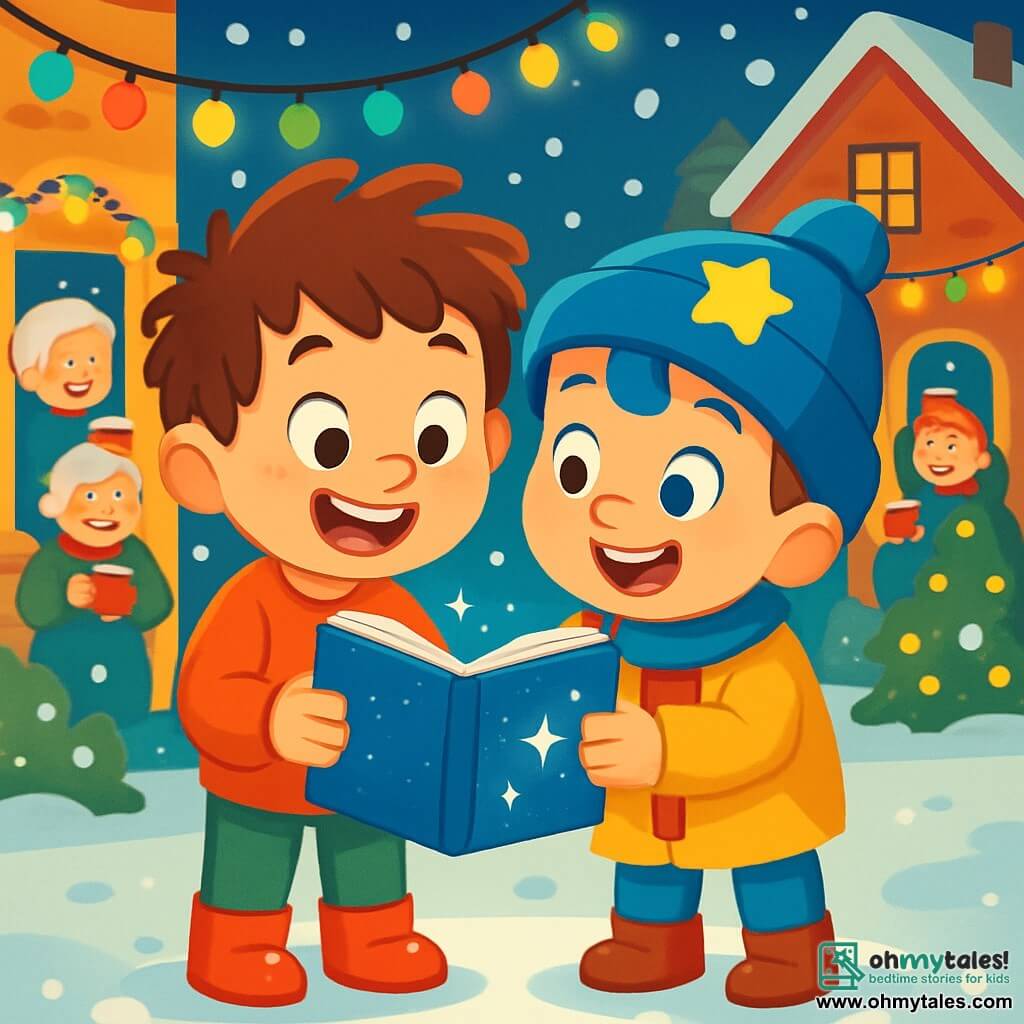 There are two main characters: Max, a 6-year-old boy with messy hair, shiny red shoes, and a big smile, holding a sparkling blue notebook; and Sam, also 6, wearing a blue hat with a yellow star, with sparkling eyes and a joyful expression, standing next to Max, looking at the notebook. The setting is a festive street illuminated by colorful lights, with gentle snowflakes covering the ground. Decorated houses surround the scene, and smiling neighbors gather to celebrate New Year's with mugs of hot chocolate. The main situation shows Max and Sam excitedly reading and sharing their New Year's resolutions in their sparkling notebook, surrounded by festive decorations and a joyful atmosphere.
