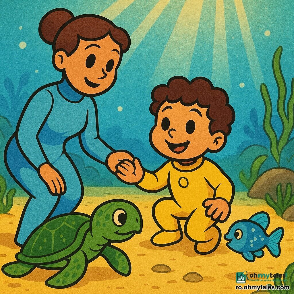Un băiat de 4 ani, uimit și zâmbind, cu părul brun și buclat, purtând un costum de scufundare galben, se gândește ghemuit lângă nisipul subacvatic cu mâinile deschise spre o țestoasă marină verde cu carapace strălucitoare, acoperită parțial de alge, care înoată încet în centrul scenei; în fundal, ușor spre stânga, mama de aproximativ 30 de ani, cu părul prins în coc și purtând un costum albastru deschis, îi ține mâna și îi zâmbește; un peștișor albastru viu cu aripioare translucide plutește veselit lângă umărul drept al băiatului, iar fundalul arată un peisaj subacvatic luminos cu nisip auriu, alge verzi, stânci netede și raze de soare filtrate, într-un stil rubber hose cu culori saturate, forme curbe exagerate și texturi simple, atmosferă pașnică și prietenoasă pentru copii.