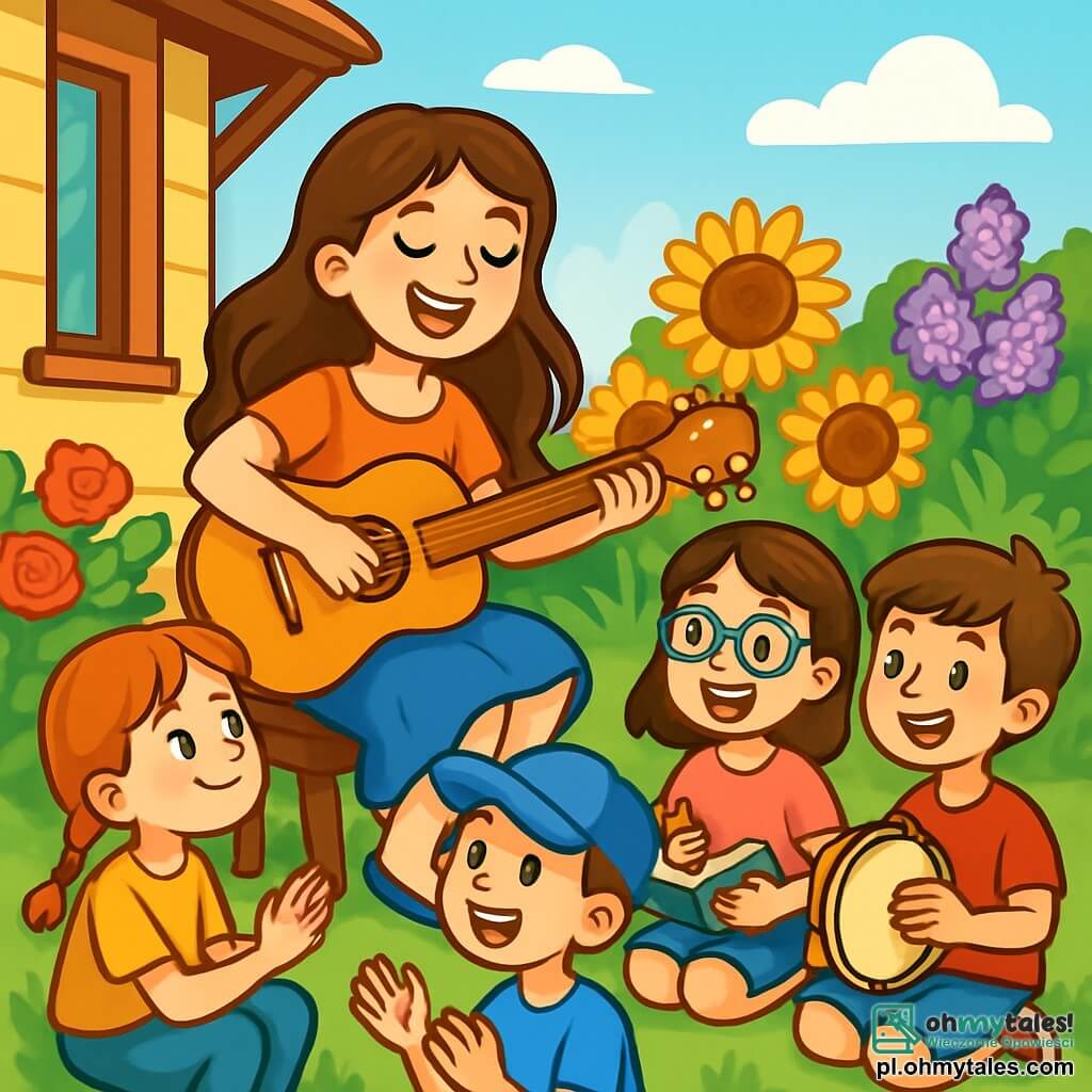 Młoda kobieta, Kasia, z długimi, falującymi brązowymi włosami i promiennym uśmiechem, siedzi na małym drewnianym stołku na urokliwym ganku. Gra na gitarze, jej oczy błyszczą radością i entuzjazmem, podczas gdy śpiewa wesołą melodię. Wokół niej grupa czterech dzieci, dwóch chłopców i dwie dziewczynki w wieku około 8-10 lat, siedzi na zielonej trawie. Pierwsza dziewczynka z rudymi warkoczami z podziwem patrzy na Kasię, podczas gdy chłopiec w niebieskiej koszulce, noszący czapkę, bije brawo w rytm muzyki. Druga dziewczynka w okularach i z promiennym uśmiechem robi notatki w małym zeszycie, a ostatni chłopiec z brązowymi włosami bawi się tamburynem, radosny i skupiony. Tło stanowi kwitnący ogród, pełen żywych kolorów: czerwonych róż, żółtych słoneczników i fioletowych bzu, z jasnoniebieskim niebem usianym kilkoma białymi, puszystymi chmurami. Scena przedstawia magiczny moment, w którym Kasia uczy dzieci, jak wspólnie tworzyć muzykę, wypełniając powietrze śmiechem i radosnymi melodiami, symbolizując przyjaźń i kreatywność.