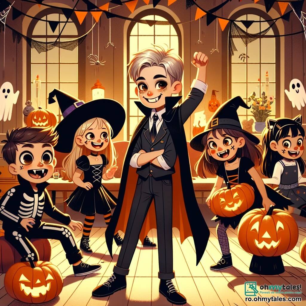 Patru prieteni se adună într-o cameră caldă decorată pentru Halloween. Andrei, un băiat de 10 ani, este îmbrăcat în vampir cu o pelerină neagră și dinți ascuțiți, stând în centru și zâmbind cu un aer curajos. La dreapta lui, Maria, o fetiță de 9 ani, poartă un costum de vrăjitoare cu o pălărie ascuțită și o rochie neagră, ridicând brațele râzând. La stânga, Radu, un băiat de 10 ani, este îmbrăcat în schelet cu machiaj alb și negru, dansând vesel. În cele din urmă, Ana, o fetiță de 8 ani, este îmbrăcată în pisicuță cu urechi și coadă, așezată lângă un dovleac mare, privindu-i pe prieteni cu uimire. Camera este plină de decorațiuni de Halloween: pânze de păianjen agățate pe pereți, fantome din hârtie suspendate de tavan și o mare bilă de cristal strălucitoare pe masă. Prietenii se distrează împreună, dansând și râzând, în timp ce o umbră misterioasă se conturează într-un colț, dezvăluind un mare motan negru care se apropie de ei, adăugând o notă de magie serii lor de Halloween.