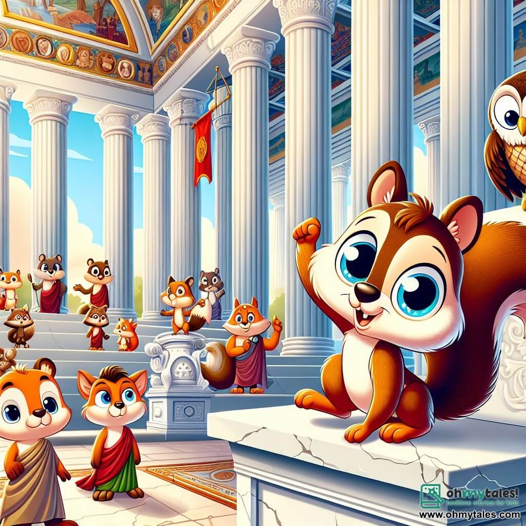 An illustration depicts a young squirrel with sparkling eyes and a bushy tail, full of curiosity and excitement, climbing onto a marble podium in a majestic building. Nearby, a wise owl with gray feathers and round glasses observes the scene seriously from a column. A cunning fox with bright orange fur stands back, squinting and listening to the whispers of other animals. The main setting is the Roman Senate, featuring large white marble columns, colorful frescoes on the walls, and a crowd of animals in togas and sandals, creating a vibrant and historical atmosphere. The main situation shows the squirrel trying to warn the other animals of a plot against a great leader, raising a paw to attract attention while the others turn to him, surprised and intrigued. Additional graphic elements include fluttering flags, autumn leaves gently falling around them, and golden light filtering through the columns, adding a magical touch to this historical scene.