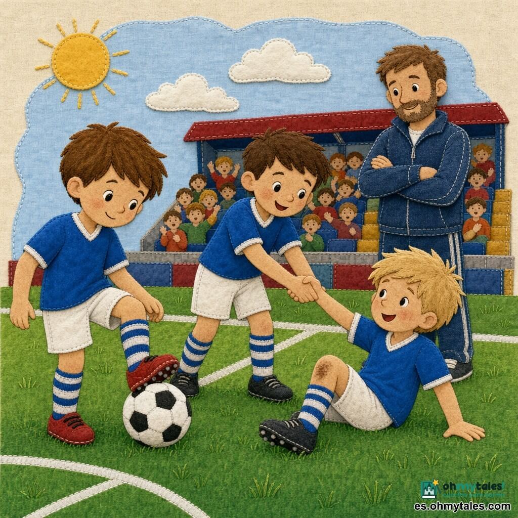 Pedro, niño sonriente y concentrado, viste camiseta azul, pantalones cortos blancos, medias largas a rayas y botas rojas; detiene suavemente un balón blanco y negro con el empeine junto a la rodilla de un compañero caído. A la derecha de Pedro, un niño de unos 8 años de cabello castaño y rostro alegre tiende la mano para ayudar; el amigo caído, también de unos 8 años, con la rodilla sucia y pelo rubio despeinado, está sentado sobre la hierba verde. Detrás, el entrenador adulto de unos 35 años, con barba ligera y los brazos cruzados, sonríe desde la línea de banda; estadio a plena luz del día con cielo azul, césped brillante, gradas pequeñas y ambiente de cuidado y juego en equipo.