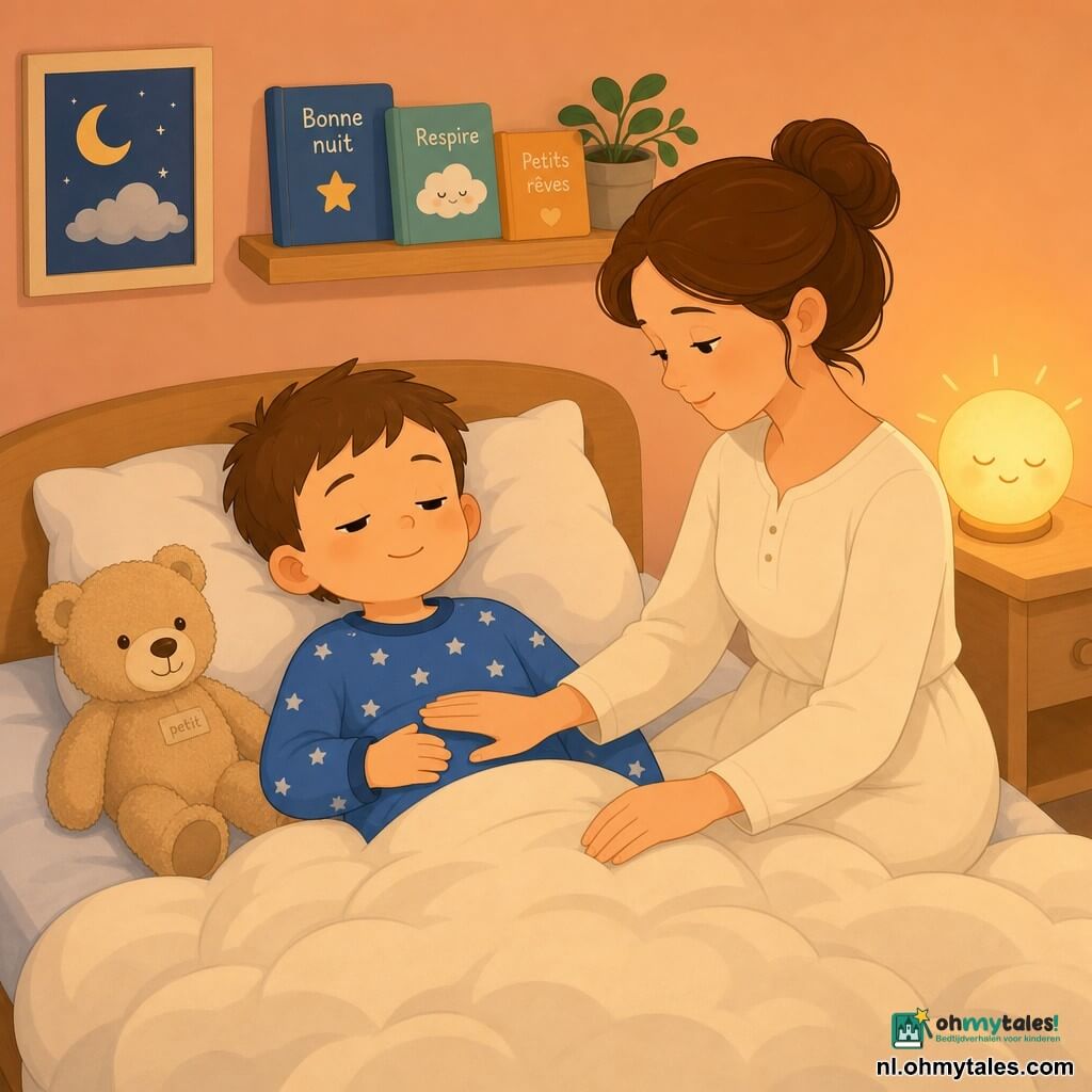 Een rustige, slaperige jongen van 4 jaar met halfgesloten ogen en zachte glimlach, korte bruine haren, blauwe pyjama met sterretjes, liggend in bed met één hand op zijn buik om rustig te ademen; zijn moeder (ongeveer 30), vriendelijk en sereen, kastanjebruin haar in een knot, eenvoudige roomkleurige jurk, zittend rechts op de rand van het bed met haar hand zacht op zijn buik; beige pluchen beer met donzige vacht en zichtbaar label links tegen het kussen; kleine, warme slaapkamer met perzikkleurige muren, ronde nachtlamp die warm geel-oranje licht geeft, gebroken wit, dikke deken als een wolk, lage plank met enkele boeken en een klein groen plantje; sfeer van ontspannen bedtijd: gedimd licht, eenvoudige silhouetten, rustige, geruststellende pastelkleuren en compositie gecentreerd op het kind en zijn moeder.