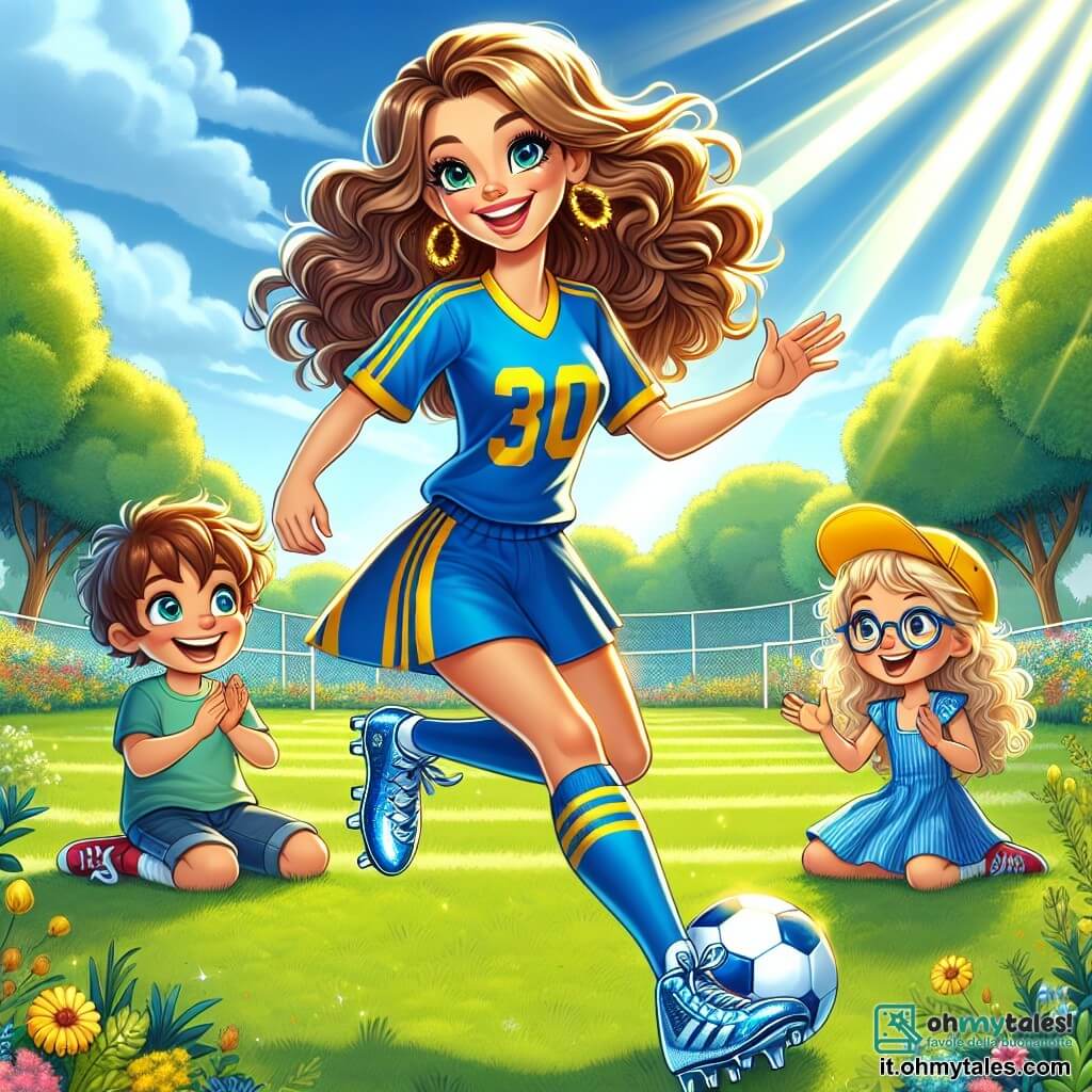 Sofia, una giovane donna atletica con lunghi capelli ricci e un sorriso radioso, sta dribblando un pallone da calcio su un campo verde. Indossa un completo da calcio blu con strisce gialle e scarpe brillanti, mostrando un'espressione di gioia e determinazione. Marco, un ragazzo di 8 anni con occhiali e un cappellino giallo, è seduto sull'erba, con gli occhi spalancati per l'ammirazione, mentre applaude Sofia. Accanto a lui, Giulia, una ragazza di 7 anni con capelli biondi ricci, sorride e lo incoraggia alzando le braccia, impaziente di giocare. Il luogo è un incantevole campo da calcio all'aperto, circondato da alberi verdi e fiori colorati, sotto un cielo blu chiaro. I raggi di sole illuminano la scena, creando un'atmosfera gioiosa e amichevole. La situazione principale mostra Sofia che insegna ai bambini come dribblare il pallone, mentre ridono e si divertono insieme, condividendo la loro passione per il calcio e creando ricordi indimenticabili.