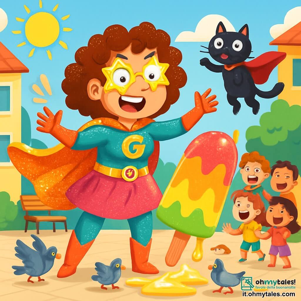 Super Goffa, una donna eroica con un mantello scintillante e un costume colorato che brilla sotto il sole, si trova al centro della scena con un'espressione determinata ma comica, gli occhi spalancati e un grande sorriso. Ha capelli ricci e occhiali a forma di stella che scivolano sul naso. Accanto a lei, Tofu, il suo supergatto, è un gatto nero con un piccolo mantello rosso, con le zampe in aria, mentre fluttua nell'aria, sorpreso e divertito. Sullo sfondo, un gruppo di bambini di circa 7-10 anni osserva la scena con espressioni di gioia e meraviglia, alcuni ridendo e altri indicando il gelato gigante. La scena si svolge in una piazza animata, circondata da edifici colorati, alberi verdi e panchine di legno. Al centro, un enorme gelato multicolore si scioglie, creando un ruscello di gelato che scorre sul pavimento, mentre i piccioni si agitano intorno. Super Goffa cerca disperatamente di salvare la situazione usando i suoi poteri comici per fermare il gelato che trabocca, ma finisce per far volare i cappelli dei passanti, aggiungendo un tocco di caos esilarante a questa scena colorata.