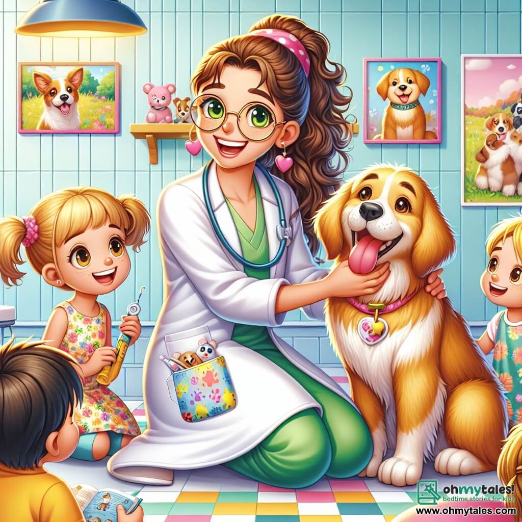 A smiling veterinarian, Dr. Emily, is a woman in her thirties with curly brown hair and sparkling eyes. She wears a white coat decorated with colorful animal patterns and leans tenderly towards a golden retriever named Max, who is wagging his tail enthusiastically. Next to her, an 8-year-old boy with blonde hair and round glasses watches in awe, holding a small book on pet care. He smiles, fascinated by the scene. Another child, a 7-year-old girl with braids and a floral dress, gently strokes Max's fur, her eyes shining with excitement. The scene takes place in a bright and welcoming veterinary clinic, with pastel green walls, posters of happy animals, and toys scattered on the floor. Soft cushions are arranged around, creating a warm and joyful atmosphere. Dr. Emily lovingly examines Max, explaining to the children how to care for animals. The atmosphere is filled with laughter and curiosity, while Max, the golden retriever, receives all the attention and cuddles he deserves.