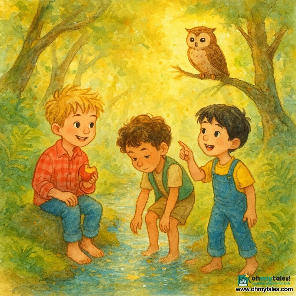 Three boys in a golden sunlit clearing in the Whispering Forest: an ~8-year-old blond boy in a red plaid shirt sitting on a rock by a stream holding half an apple and smiling left, a ~7-year-old curly brown-haired boy in a green vest and beige shorts standing center with feet in the water leaning to listen to the stream, and an ~8-year-old straight black-haired boy in a yellow tee and denim overalls on the right pointing at a small owl on a branch above; emerald ferns, soft moss, twisted lichen-covered trunks, shafts of light, a clear sparkling stream with translucent splashes, pastel saturated colors with gold accents, watercolor texture and controlled splatters suggesting movement.