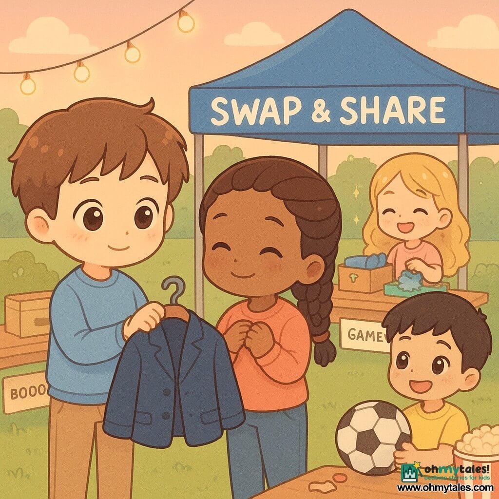 A 10-year-old boy with a round face, bright eyes and tousled short brown hair gently offers a navy jacket on a hanger to a 10-year-old girl (Amina) with caramel skin and neat braids who clutches it with a relieved smile; nearby a 10-year-old boy (Leo) with short black hair holds a soccer ball by a table while a 10-year-old girl (Sofia) with sparkly blonde hair laughs arranging puzzles; spring schoolyard at dusk with a blue "Swap & Share" tent, wooden tables labeled Books, Clothes, Games, string lights, pastel chibi kawaii style, warm late-afternoon light and soft textures, small details like stickers on boxes and a handwritten "Take what you need" tag.