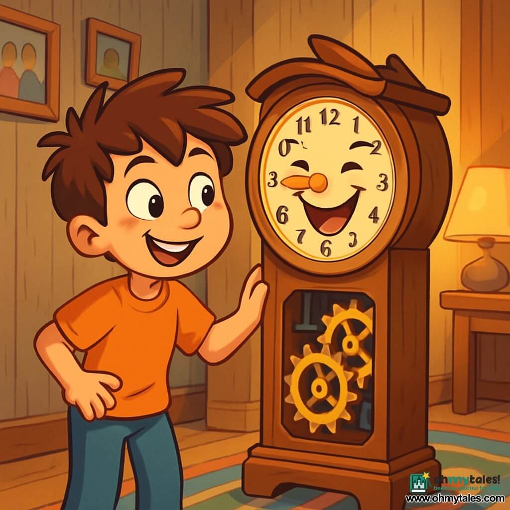An 8-year-old boy, Max, with tousled brown hair and sparkling curious eyes, stands in front of an old wooden clock. He has a mischievous smile and looks amazed, with one hand resting on the back of the clock, as if he has just discovered a secret. Next to him, the clock, with a smiling face and golden hands, seems to laugh joyfully, its gears visible at the back, as if they are playing a prank. The setting is a cozy hallway, with weathered wooden walls, family photos hanging, and a colorful rug adding a touch of comfort. The soft light from a lamp illuminates the scene, creating a welcoming atmosphere. The main situation shows Max discovering that the clock can laugh, as he tries to adjust its gears so it doesn't laugh at the wrong time. The look of surprise and joy on his face, mixed with the clock's amusement, creates a playful and magical atmosphere.