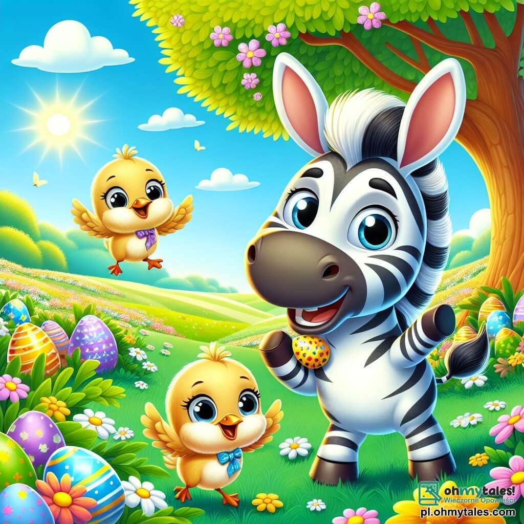 Wesoły zebra o imieniu Zyzio, mały zebrak z dużymi uszami i miękką sierścią, skacze z radości po kwiecistej łące z szerokim uśmiechem na twarzy. Jego oczy błyszczą z ekscytacji, gdy odkrywa kolorowe czekoladowe jaja schowane pod drzewem. Obok niego skaczą dwie urocze małe kurki z złotymi piórami i błyszczącymi oczami, gotowe mu pomóc w poszukiwaniach. Wyglądają na radosne i ciekawe, rozglądając się, aby znaleźć inne jaja. Miejsce to zielona łąka, usiana kolorowymi kwiatami, z dużym drzewem o bujnych liściach, które oferuje cień. Niebo jest niebieskie i słoneczne, z kilkoma białymi chmurami. Sytuacja główna pokazuje Zyzia i jego przyjaciółki kury, które radośnie przeszukują łąkę w poszukiwaniu schowanych czekoladowych jaj, otoczeni festiwalową i wiosenną atmosferą.