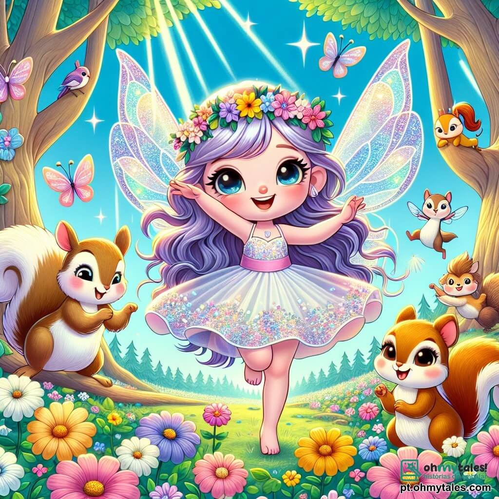 Uma pequena fada chamada Lila, com asas brilhantes como estrelas, dança alegremente em um campo de flores coloridas, seu rosto radiante de felicidade. Ela tem longos cabelos ondulados de cor violeta e usa um vestido feito de pétalas de flores. Perto dela, um grupo de pequenos animais a cerca: um coelhinho travesso com grandes orelhas, um esquilo de olhos brilhantes e um pássaro de penas vibrantes. O coelho, com seu pelo branco e macio, salta no ritmo, enquanto o esquilo, com sua cauda espessa, aplaude com suas pequenas patas. O pássaro, empoleirado em um galho, canta alegremente. O local é uma linda floresta encantada, cheia de grandes árvores com troncos retorcidos e flores multicoloridas que florescem sob um céu azul claro. Raios de sol filtram através das folhas, criando brilhos de luz no ar. A cena principal mostra Lila organizando uma festa alegre para devolver o sorriso às flores tristes, cercada por seus amigos animais que dançam e cantam com ela, preenchendo o ar com risos e música.