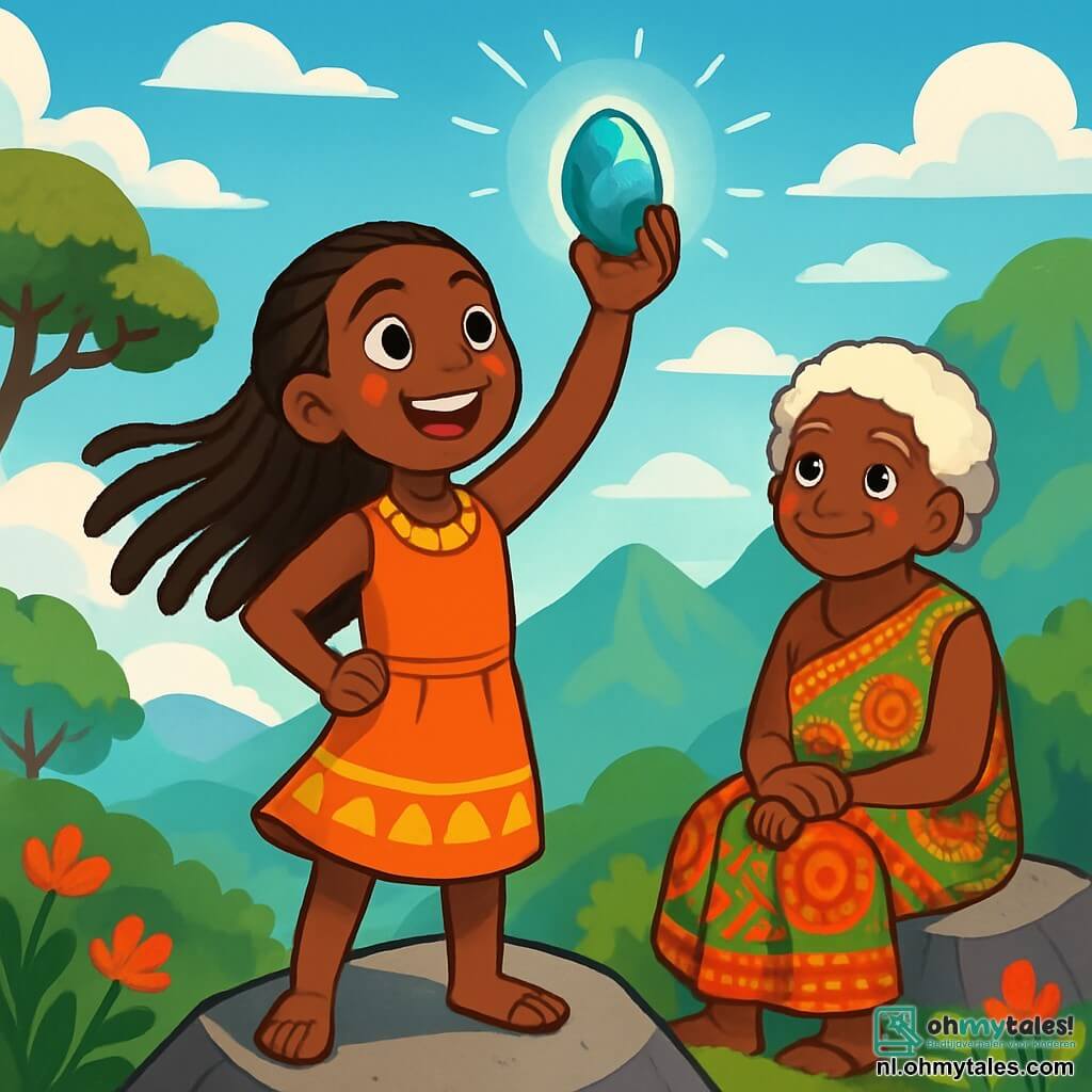 Asantewaa, een jong meisje van ongeveer 12 jaar, staat op de top van een majestueuze berg. Ze heeft lange vlechten die zachtjes in de wind wapperen en haar ogen stralen vastberadenheid uit. Haar gezicht is verlicht door een zelfverzekerde glimlach terwijl ze haar hand opheft, de mysterieuze Steen van de Voorouders vasthoudend die fonkelt in de zon. Naast haar zit Oma Nsia, een vrouw van ongeveer 70 jaar, op een platte steen. Ze heeft wit, krullend haar en draagt een kleurrijke jurk met traditionele patronen. Haar blik is wijs en liefdevol, terwijl ze Asantewaa met trots observeert, haar handen op haar knieën. De plek is een groene berg, omringd door lichte wolken en een stralende blauwe lucht. Majestueuze bomen en levendige bloemen omzoomt het pad, terwijl een zachte bries de bladeren laat dansen. De hoofdsituatie toont Asantewaa, vol moed, die de geesten van de regen oproept om haar dorp te redden van de droogte, met een uitdrukking van vastberadenheid en hoop op haar gezicht.
