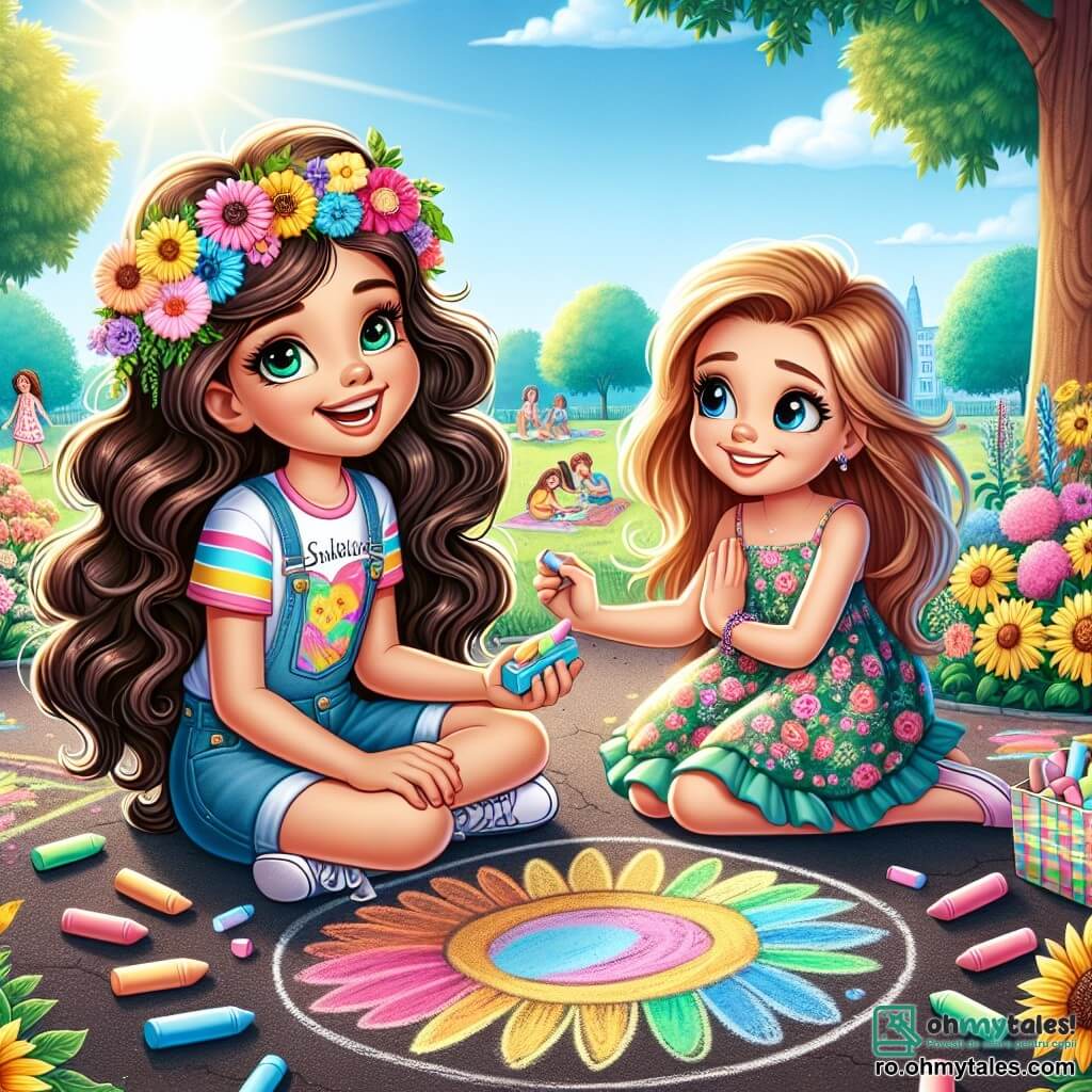 O fetiță de 10 ani, Anca, cu părul lung și creț, purtând un tricou colorat și o pereche de pantaloni scurți, stă pe jos într-un parc însorit, înconjurată de flori strălucitoare. Fața ei radiază bucurie și entuziasm în timp ce desenează cu crete colorate pe asfalt, creând o mare pictură colorată. Lângă ea, cea mai bună prietenă a ei, Irina, tot de 10 ani, cu părul drept și o rochie cu flori, o observă zâmbind admirativ, ținând o cutie de crete în mâini. În fundal, parcă plin de copaci verzi, se aud râsete de copii jucându-se și familii care fac picnic pe iarbă. Situația principală arată cum Anca și Irina creează împreună o operă de artă veselă, ilustrând spiritul verii și al prieteniei.