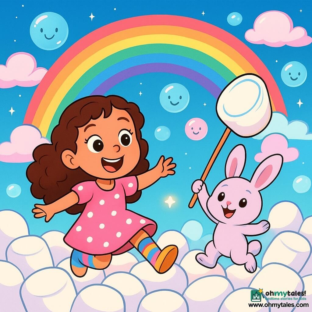 A 4-year-old girl named Bella, with long curly hair and sparkling joyful eyes, gleefully slides down a mountain of fluffy marshmallows, a big smile lighting up her face. She wears a pink polka dot dress and colorful striped socks. Next to her is an adorable little character named Mallow, a creature with fluffy large ears and pastel fur, jumping with excitement, his eyes shining as he holds a large marshmallow-shaped net to catch laughing bubbles. The setting is a whimsical landscape with a starry sky filled with candy clouds and a mountain of marshmallows rising under a shimmering rainbow. Bright bubbles float around, emitting soft, joyful laughter. The scene depicts Bella and Mallow in a bubble-catching adventure, surrounded by giant marshmallows, with bursts of light and vivid colors adding a magical and playful atmosphere to this fantastic adventure.
