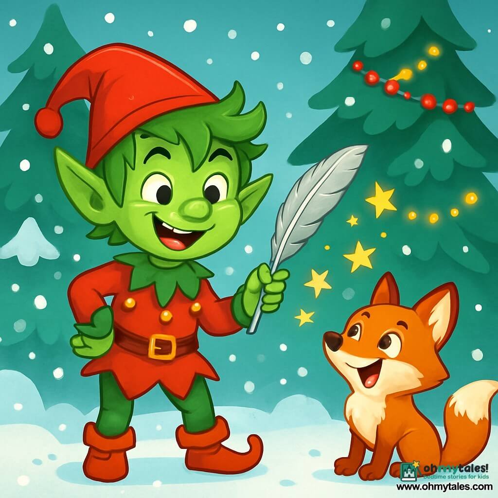 A small mischievous elf with tousled hair and bright green skin mischievously smiles with sparkling eyes. He wears a red pointed hat and a tunic adorned with shimmering bells, holding a silver feather in one hand, ready to play a trick. Next to him, a curious red fox with bright eyes and a bushy tail observes the scene with a mix of wonder and amusement. Sitting on its hind legs with ears perked up, it's ready to laugh at the elf's antics. The setting is an enchanted forest, where snowflakes gently fall, covering the ground with a sparkling white carpet. Majestic fir trees, decorated with garlands of red berries and twinkling lights, surround the elf and the fox, creating a festive and magical atmosphere. The main scene shows the elf conjuring sparkling stars in the air with his feather, while the fox bursts into laughter, captivated by the magic and joy of Christmas around them.