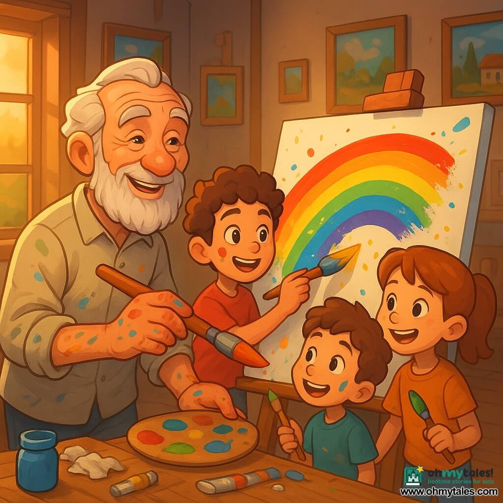 A retired artist with a wrinkled face and white foamy beard, laughing eyes and a warm expression, paint-stained hands holding a large brush painting a vivid rainbow on a canvas; an about 8-year-old boy (Tommy) with curly brown hair and a paint smudge on his cheek stands beside him, smiling and adding a touch of yellow; three other children (6–10), boys and girls, laughing and focused, hold brushes or palettes adding colorful touches around the large painting in a semicircle; interior: a cozy studio-cottage with wooden floor, large windows letting in golden evening light, walls filled with saturated paintings and scattered paint jars and rags, a big wooden table with paint tubes; scene: a joyful communal moment of the man and children painting together a bright rainbow canvas, paint dust and splashes visible, friendly creative atmosphere.