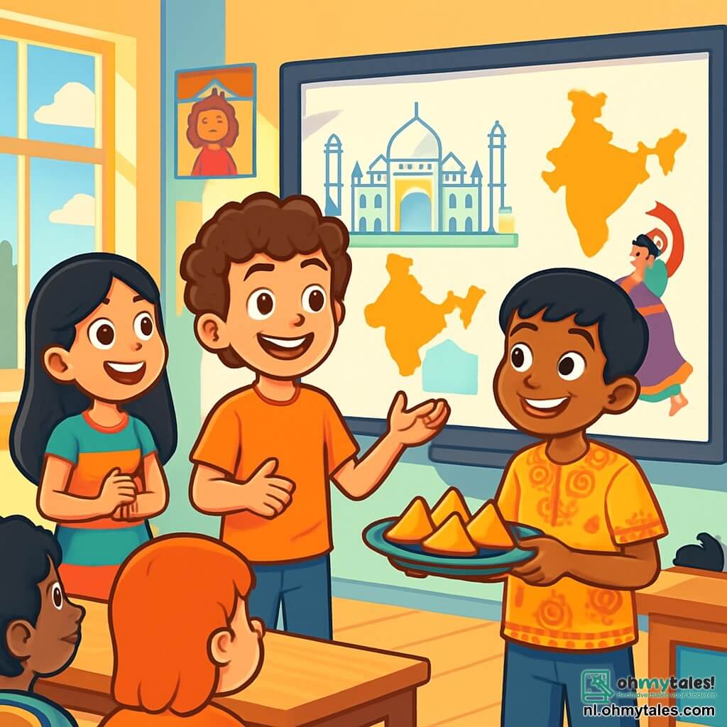 Een 12-jarig meisje met krullend bruin haar en sprankelende nieuwsgierige ogen staat in het midden van het podium met een grote glimlach terwijl ze een schoolproject over India presenteert. Rechts van haar staat een 12-jarig meisje met lang zwart haar in een kleurrijke jurk dat enthousiast naar een presentatiebeeld kijkt, met glinsterende ogen van opwinding. Links van haar staat een 12-jarige jongen van Indiase afkomst met een karamelkleurige huid en een t-shirt met traditionele patronen, die een bord met samosa's vasthoudt, klaar om deze met zijn klasgenoten te delen. De scène speelt zich af in een lichte klaslokaal, versierd met kleurrijke posters van verschillende culturen, met ramen die zonlicht binnenlaten en houten tafels waarop leerlingen zitten, gebiologeerd door de presentatie. De hoofdactie toont het trio dat hun passie voor culturele diversiteit deelt, omringd door aandachtige klasgenoten, terwijl ze typische gerechten en traditionele dansen presenteren, wat een vrolijke en feestelijke sfeer creëert.