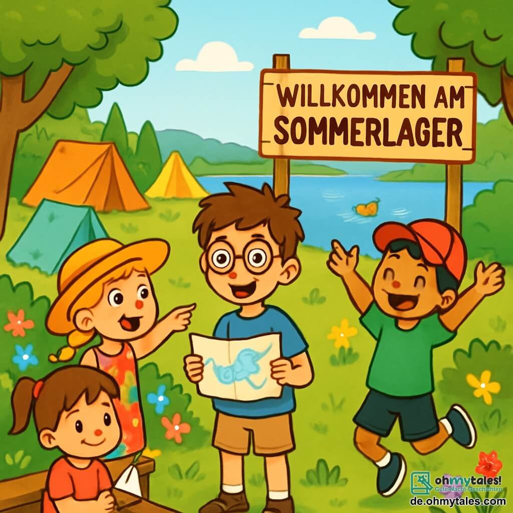 Es gibt 4 Kinder: - Leon: ein 9-jähriger Junge mit zerzausten braunen Haaren und runden Brillen. Er trägt ein blaues T-Shirt und eine beigen Shorts. Er steht in der Mitte, lächelnd, mit einem Papierplan in der Hand. - Mia: ein 9-jähriges Mädchen mit geflochtenen blonden Haaren und einem Strohhut. Sie trägt ein buntes Blumenkleid. Sie steht leicht links von Leon und zeigt begeistert auf den See. - Yusuf: ein 9-jähriger Junge mit schwarzen Haaren und einer roten Mütze. Er trägt ein grünes T-Shirt und schwarze Shorts. Er steht rechts von Leon und springt vor Freude mit erhobenen Armen. - Emma: ein 6-jähriges Mädchen mit kastanienbraunen Haaren und Zöpfen. Sie trägt ein rosa T-Shirt und eine Jeansshorts. Sie sitzt auf einer Holzbank neben Mia und spielt mit einem kleinen Spielzeug. Der Ort ist ein Sommerlager in der Natur, umgeben von großen grünen Bäumen und bunten Blumen. Im Hintergrund funkelt ein blauer See in der Sonne, mit Enten, die friedlich schwimmen. Bunte Zelte sind verstreut, und ein großes Holzschild zeigt "Willkommen im Sommerlager". Die Hauptsituation zeigt die Kinder, die begeistert über ihre bevorstehenden Aktivitäten diskutieren, mit leuchtenden Augen voller Aufregung. Sie planen, gemeinsam ein Floß zu bauen, umgeben von der Schönheit der Natur.