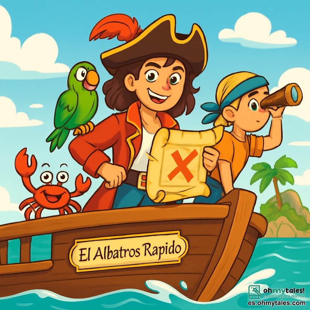 La Capitán Marisol, una intrépida mujer pirata de unos treinta años, se encuentra orgullosamente en la cubierta de su barco, El Albatros Rápido. Tiene el cabello castaño desordenado, un gran sombrero de pirata adornado con una pluma roja y una sonrisa audaz que ilumina su rostro decidido. Sus ojos brillan de emoción mientras sostiene un viejo pergamino con una gran X roja, revelando un tesoro escondido. A su lado, el cangrejo Pepe, un pequeño cangrejo rojo con ojos traviesos, trepa por el borde del barco, gesticulando con sus pinzas y haciendo bromas. Un poco más lejos, la joven navegante Sofía, una niña de doce años con trenzas rubias y una mirada curiosa, observa el horizonte con un telescopio, lista para descifrar los misterios del tesoro. Finalmente, el fiel loro Gaspar, un ave colorida con plumas verdes y amarillas, está posado en el hombro de Marisol, observando el paisaje con una expresión preocupada. El barco navega por aguas turquesas brillantes, rodeado de olas blancas y un cielo azul salpicado de nubes esponjosas. En el fondo, se vislumbra una isla misteriosa, la famosa Isla Calavera, con palmeras verdes y rocas escarpadas. La escena principal muestra a Marisol y su tripulación preparándose para una emocionante aventura, mientras descubren el viejo pergamino y se preparan para seguir el camino hacia el tesoro, con el corazón latiendo de emoción y anticipación.