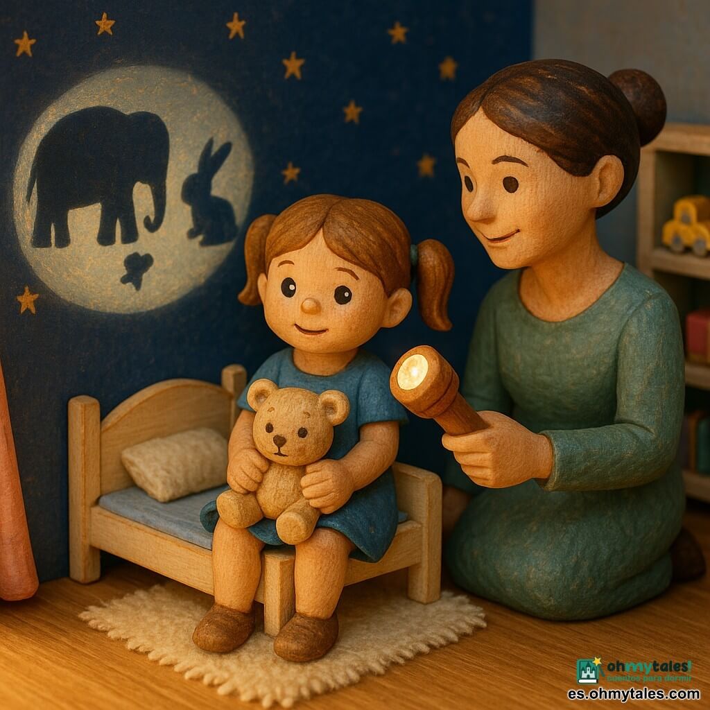Niña de 4 años, figura de madera pintada, rostro redondo, cabello castaño claro en coletas, expresión curiosa y algo tranquila, ojos brillantes, vestida con un pequeño vestido azul y sentada en una mini cama sosteniendo un osito de peluche beige; madre de unos 30 años, figura de madera pintada con cabello castaño recogido y sonrisa suave, de pie junto a la cama sosteniendo una pequeña linterna de madera que proyecta en la pared de fondo sombras de animales (elefante y conejo) mientras la niña mira asombrada; ambiente cálido y acogedor con luz cálida de la linterna, diorama realista de madera y tela con texturas visibles, pared azul noche con estrellas doradas, cortina rosa, alfombra crema y estantería con juguetes, colores pastel, composición centrada y ligero ángulo en picado.